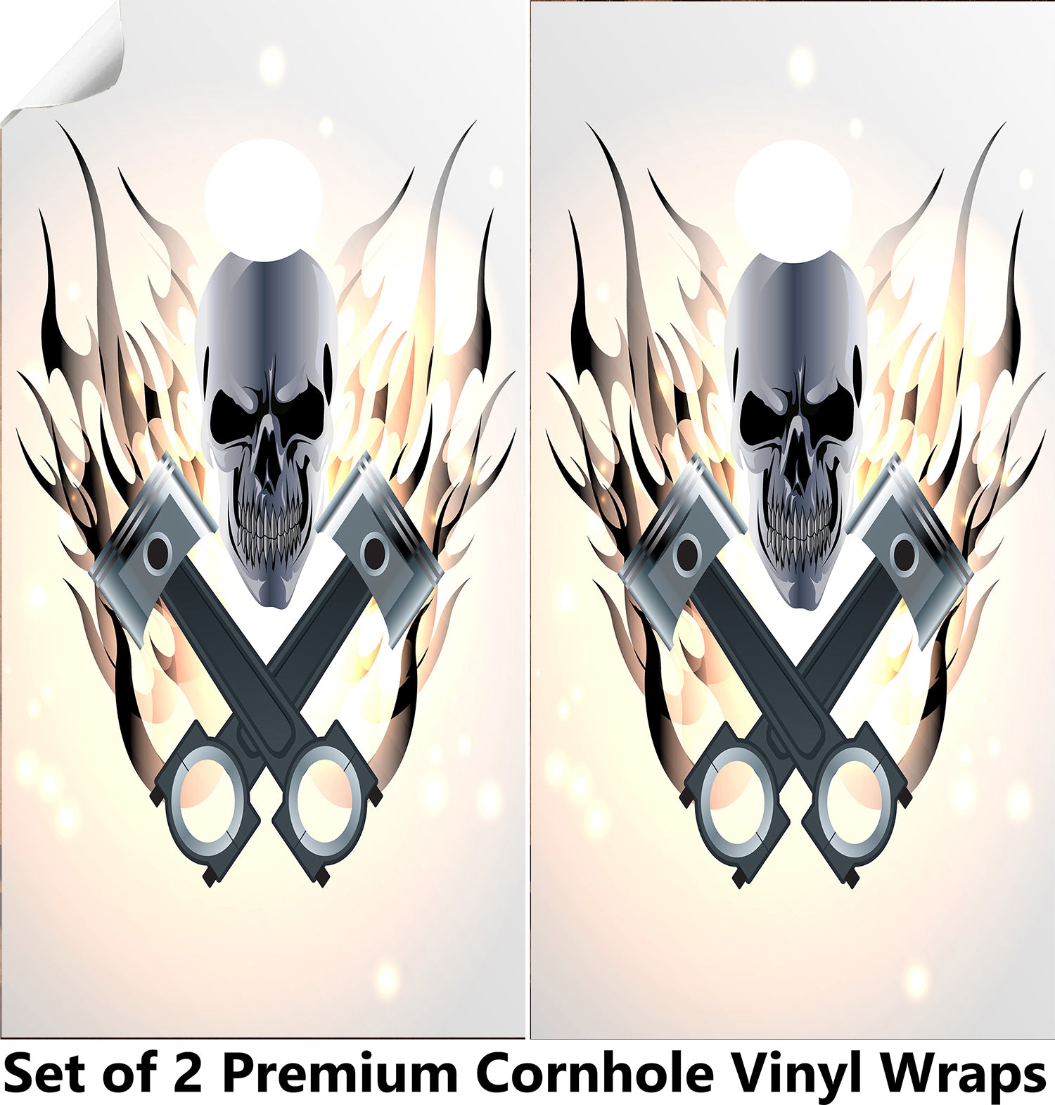 White Flame Skull Cornhole Boards Wraps (Set of 2)
