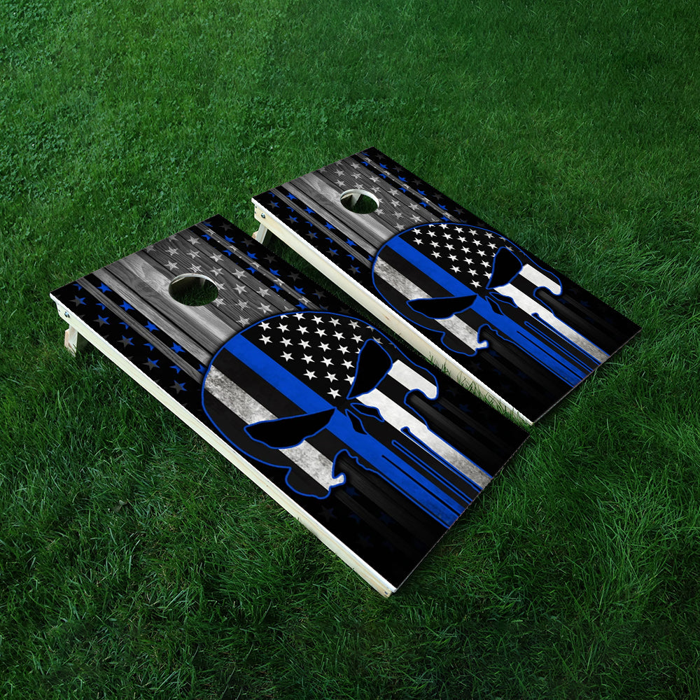 Blue Lines Skull Cornhole Boards Wraps (Set of 2)
