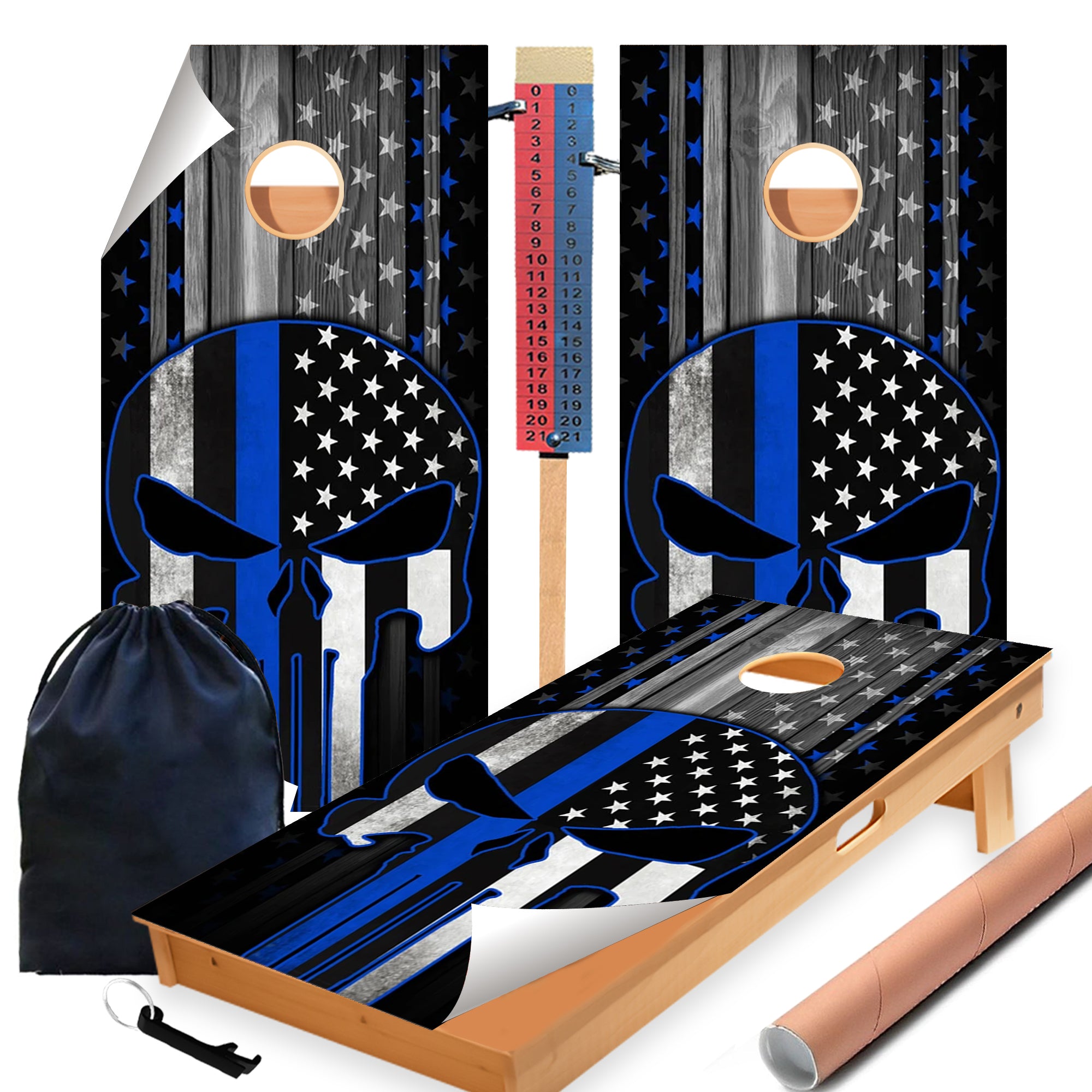 Blue Lines Skull Cornhole Boards Wraps (Set of 2)