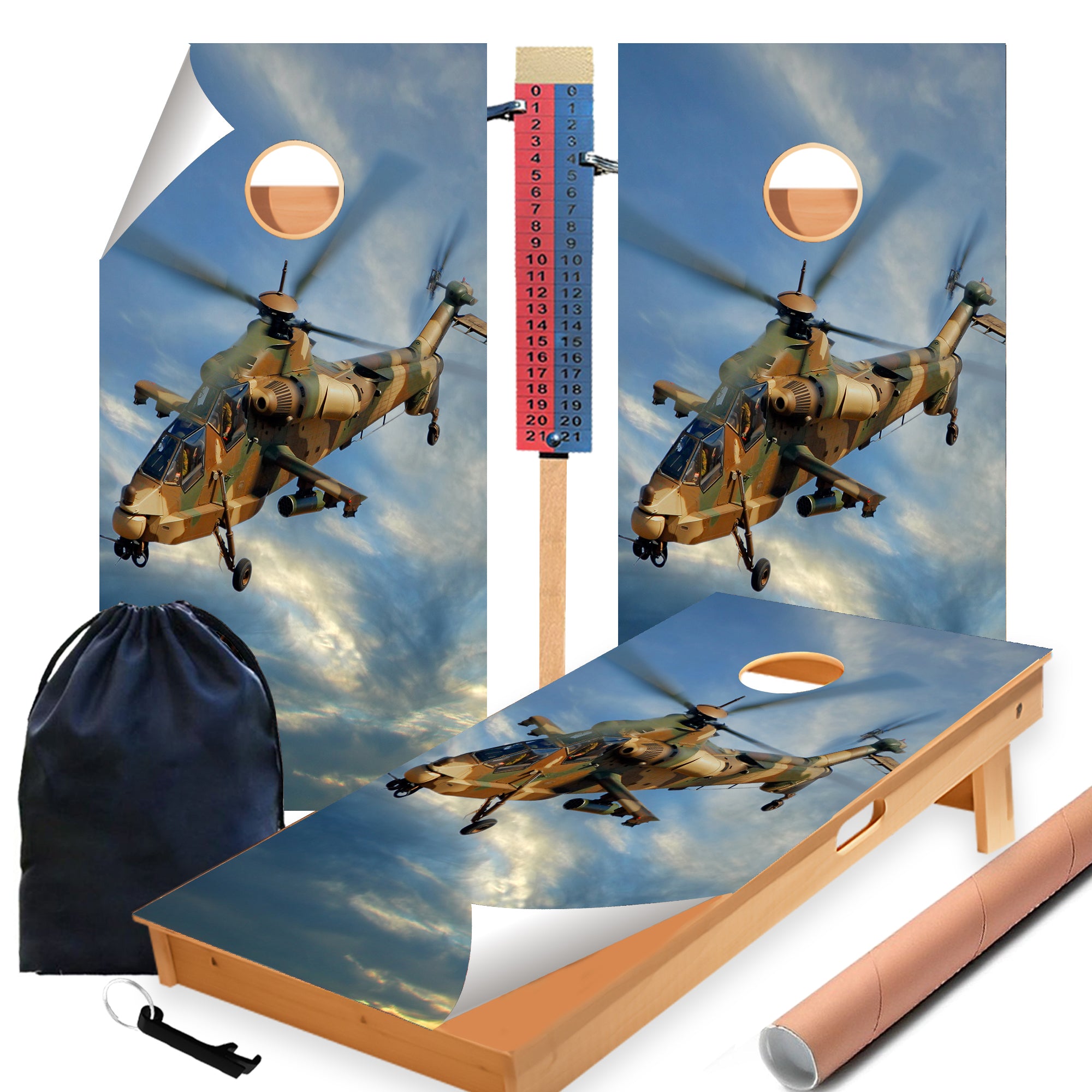 Camo Helicopter Cornhole Boards Wraps (Set of 2)