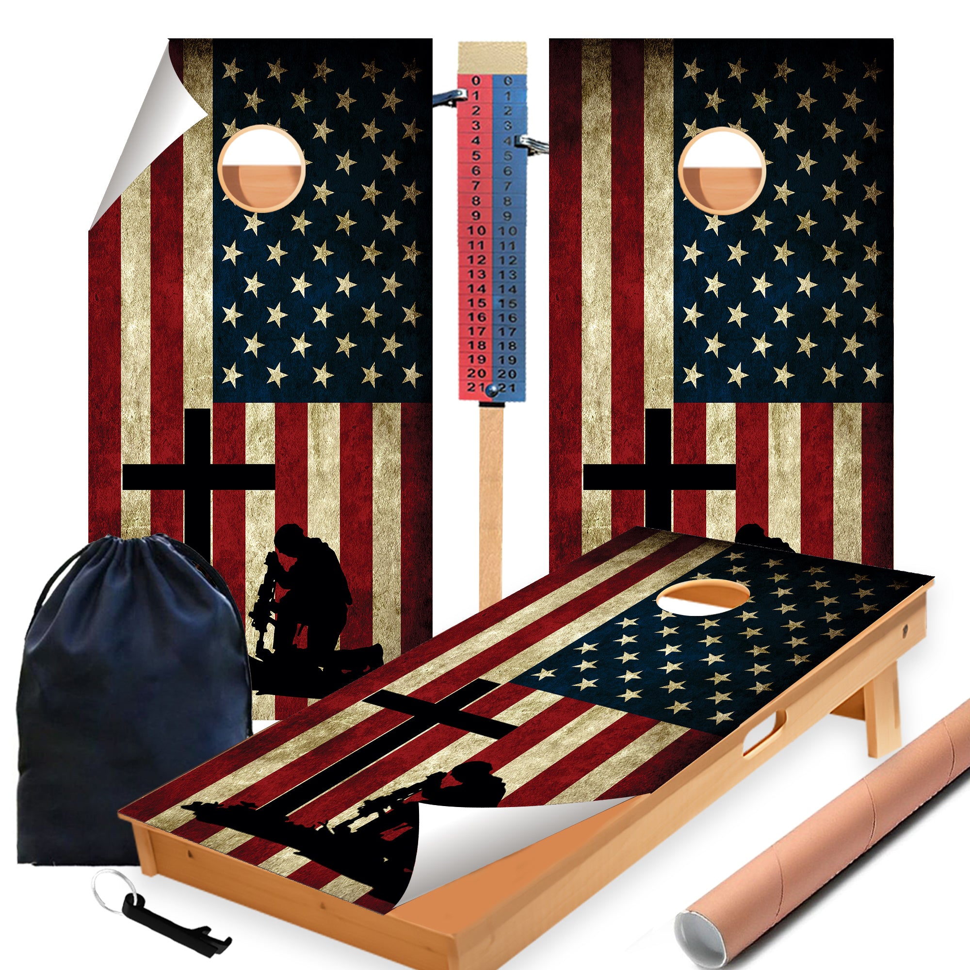 Soldier Cross Flag Cornhole Boards Wraps (Set of 2)