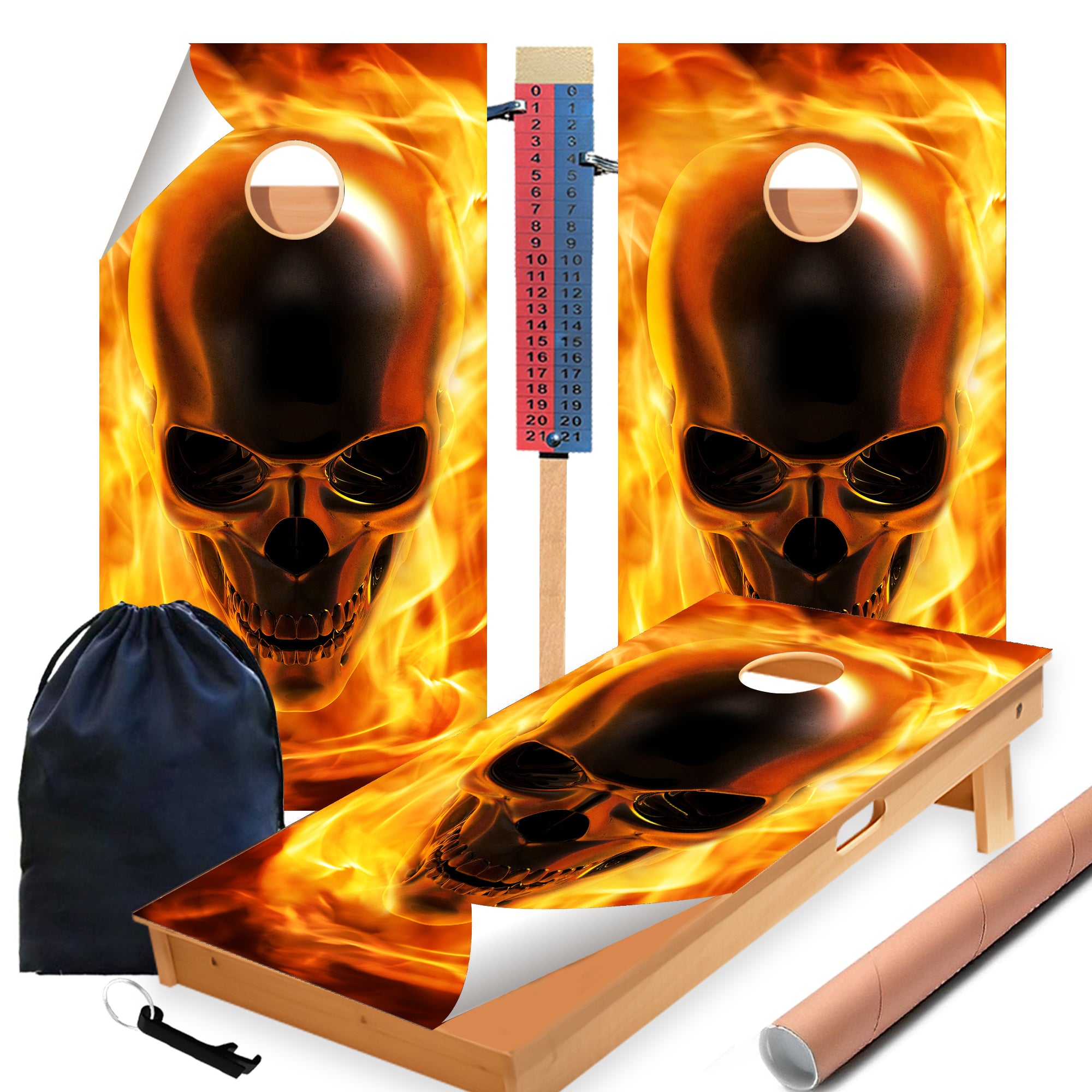 Alien Flame Skull Cornhole Boards Wraps (Set of 2)