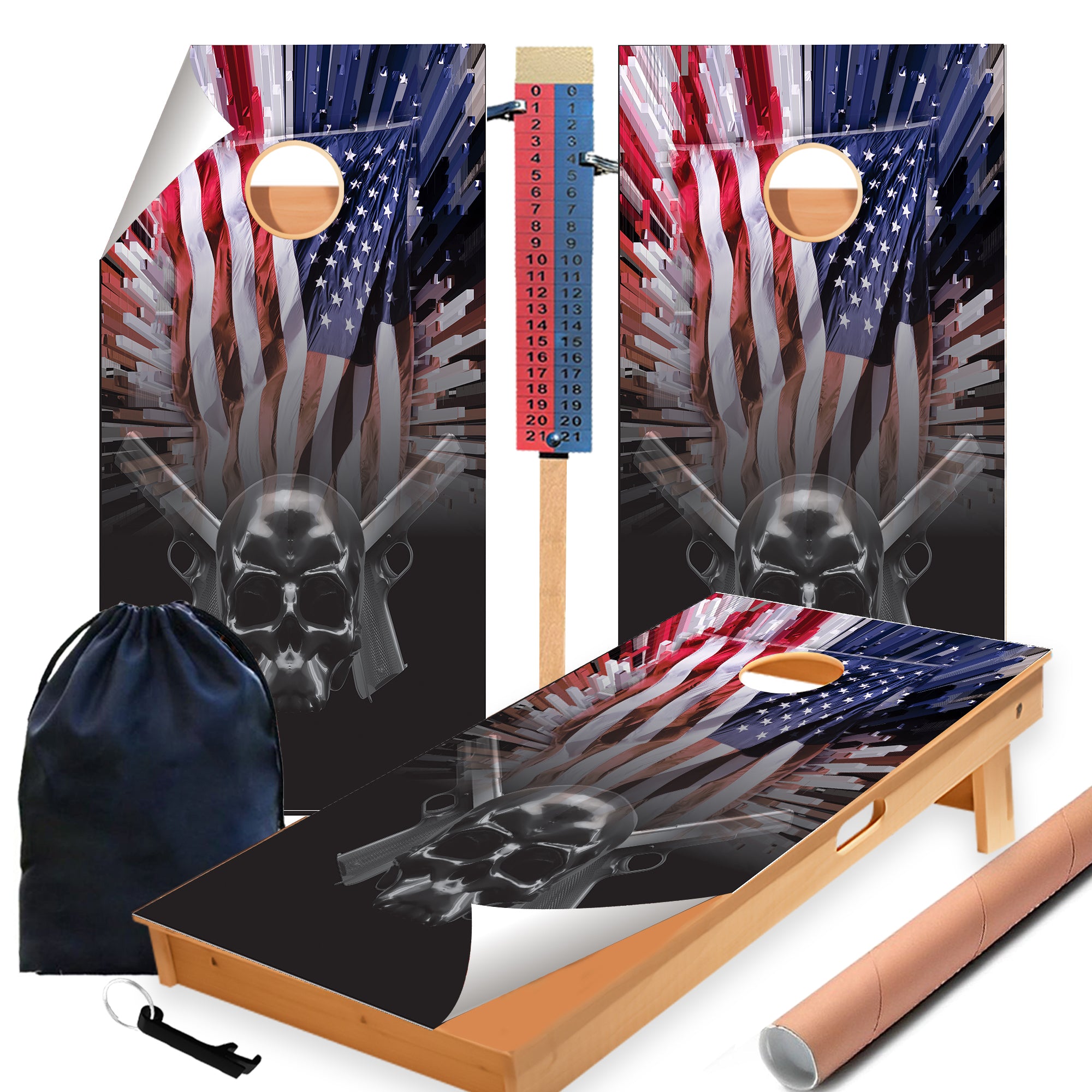 Skull Guns Flag Cornhole Boards Wraps (Set of 2)