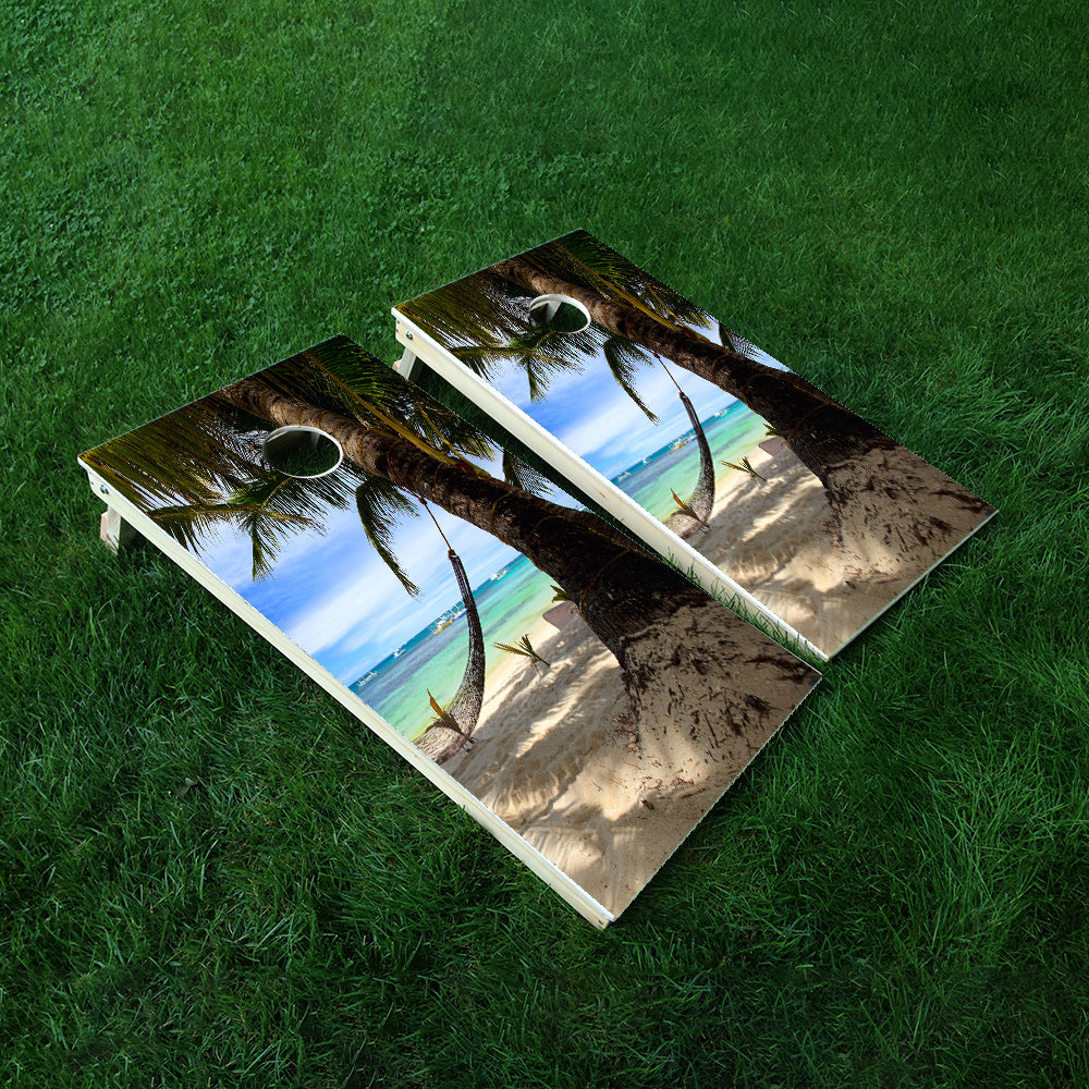 Palm Tree on Beach-1 Cornhole Boards Wraps (Set of 2)