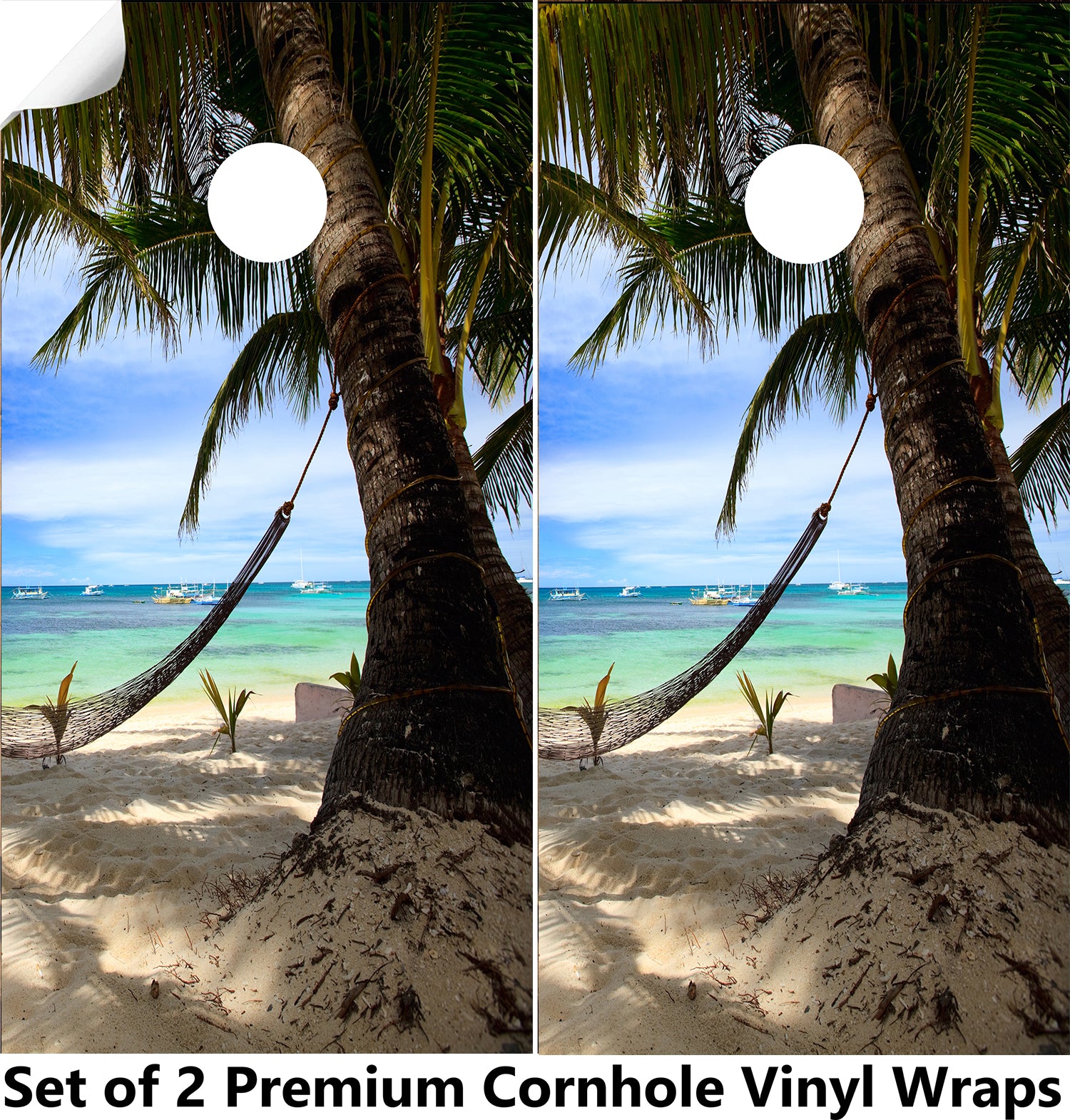 Palm Tree on Beach-1 Cornhole Boards Wraps (Set of 2)