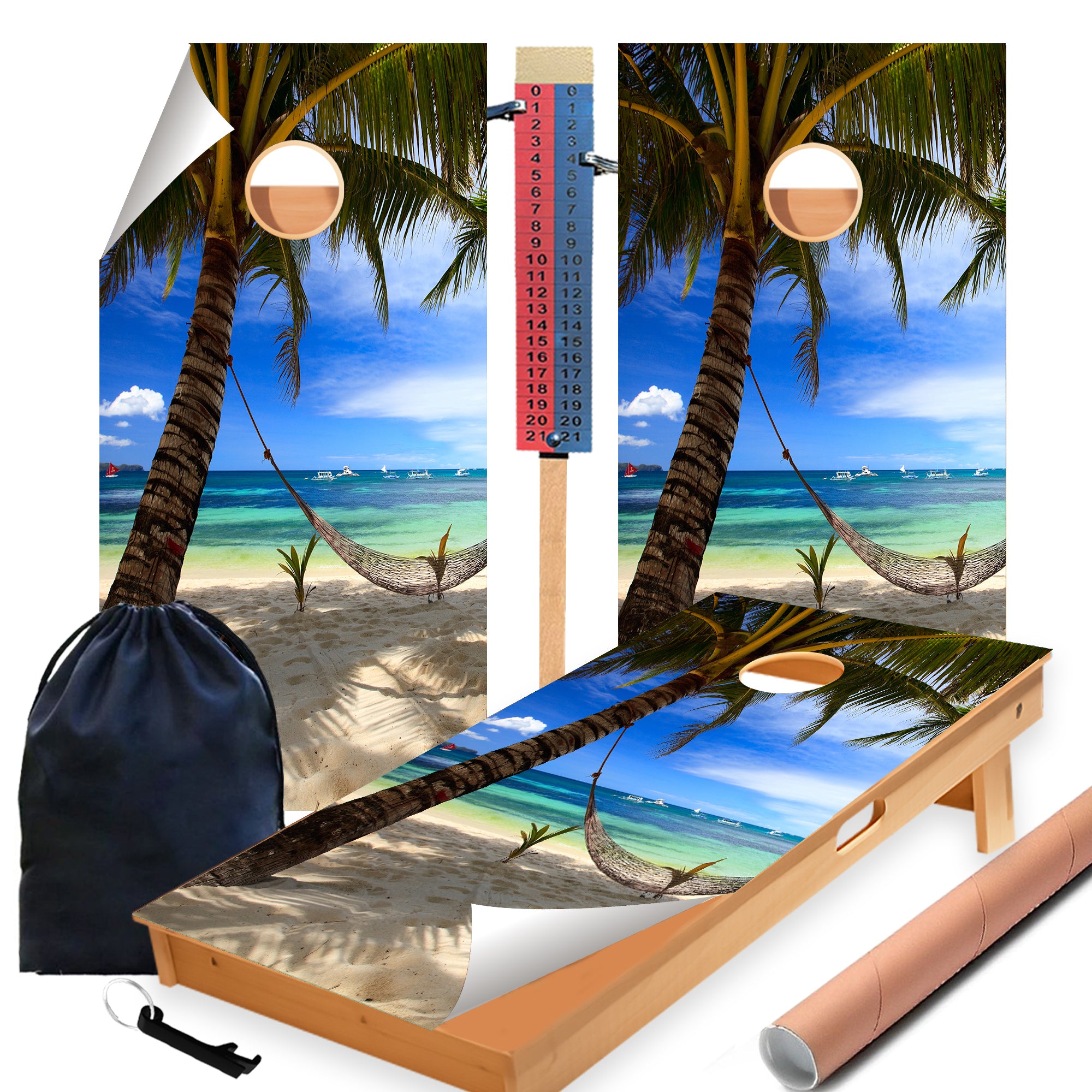 Palm Tree on Beach-2 Cornhole Boards Wraps (Set of 2)