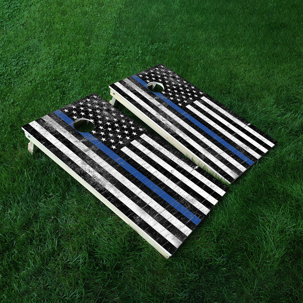 Rustic Blue Line Cornhole Boards Wraps (Set of 2)