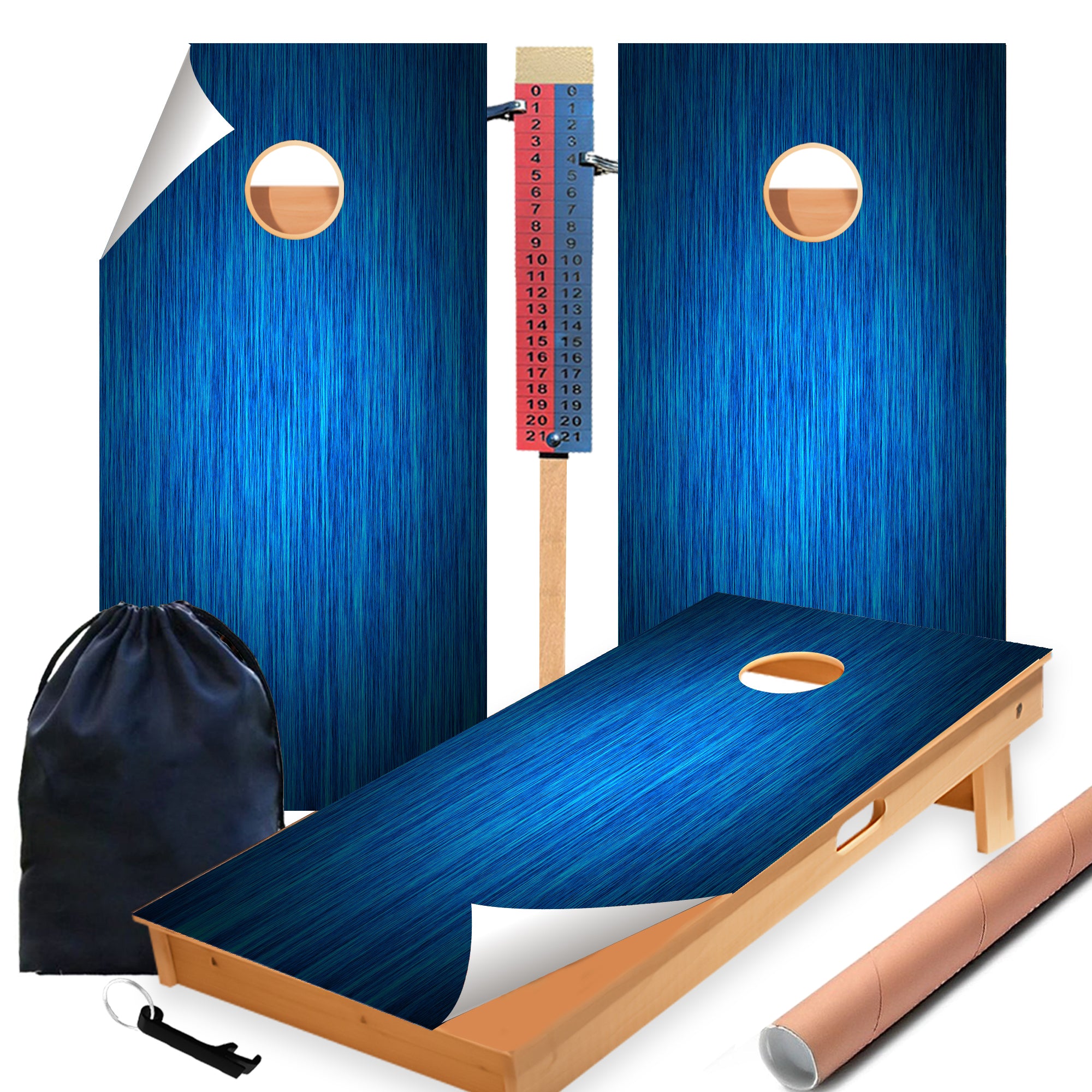 Blue Wood Grain Cornhole Boards Wraps (Set of 2)