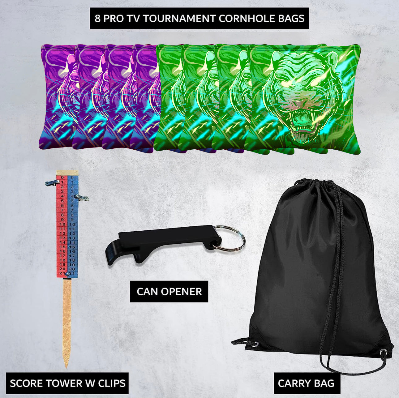 Purple Green Tiger Cornhole Bags