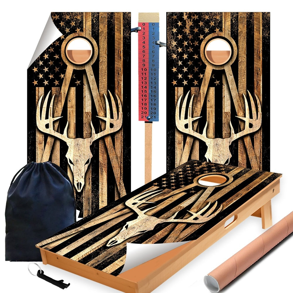 Deer Wood Flag Cornhole Boards Wraps (Set of 2)