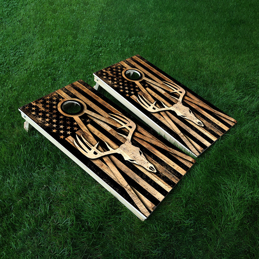 Deer Wood Flag Cornhole Boards Wraps (Set of 2)