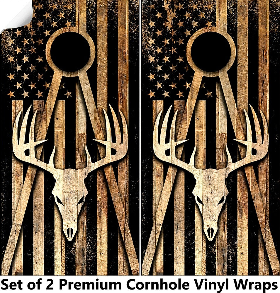 Deer Wood Flag Cornhole Boards Wraps (Set of 2)