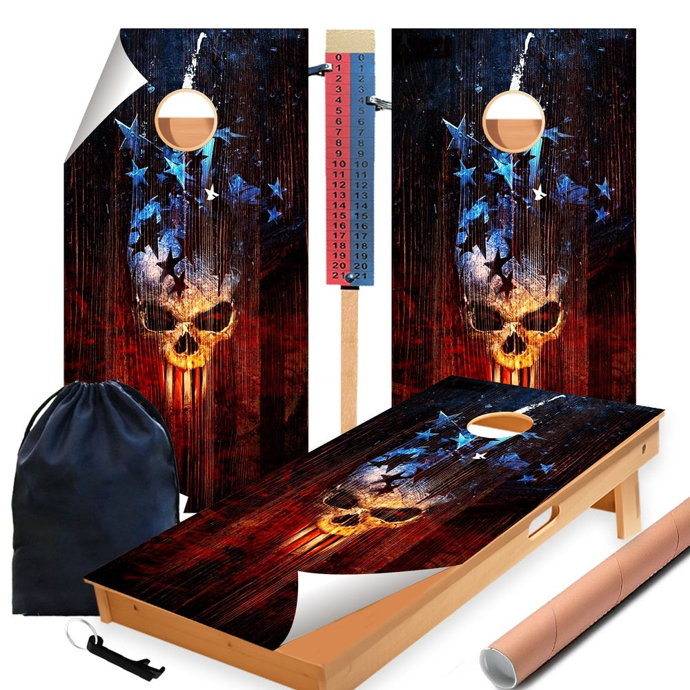 Engrave American Wood Skull Cornhole Boards Wraps (Set of 2)