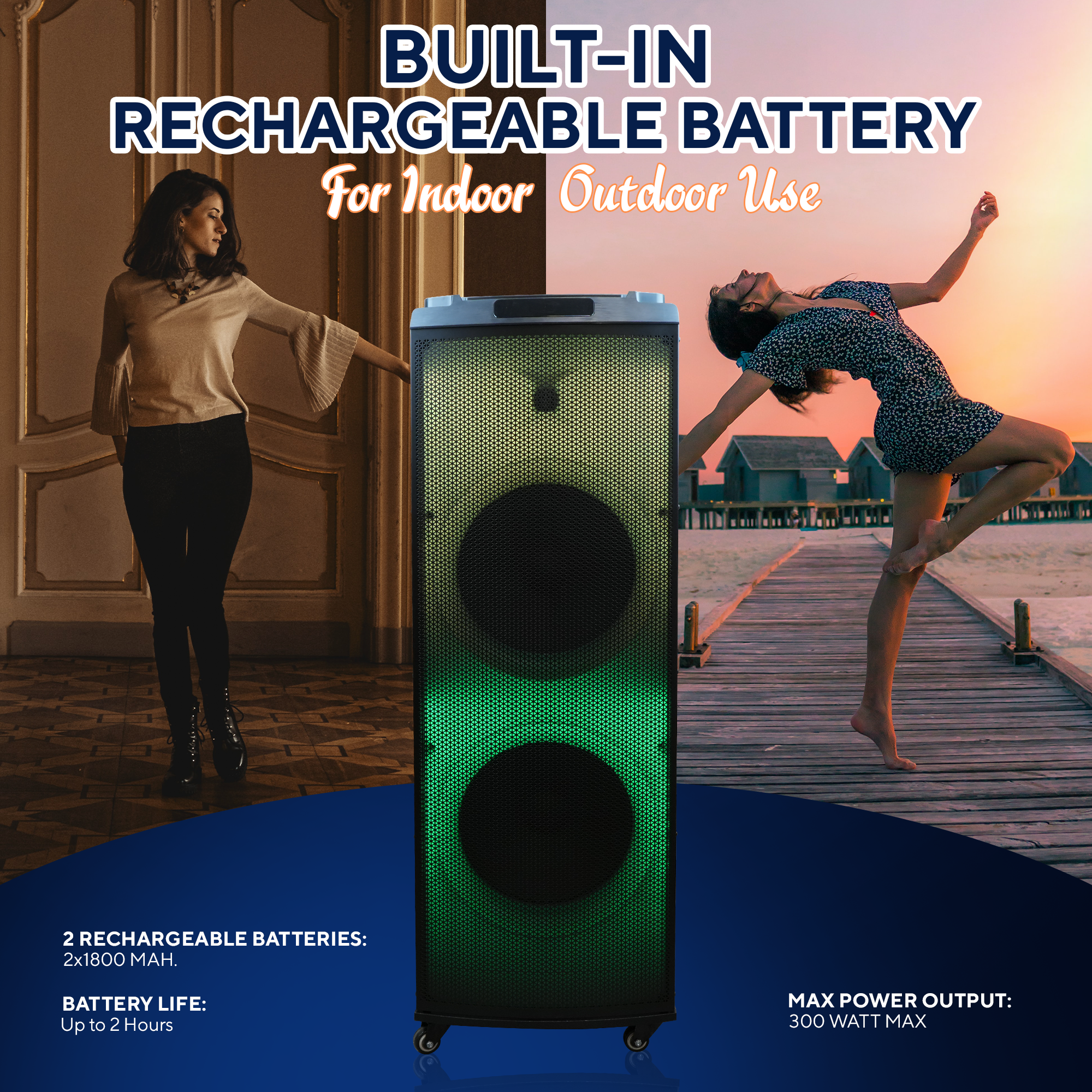 Ultimate Dual 12'' Portable Wireless LED Bluetooth Speaker w 2 Mics