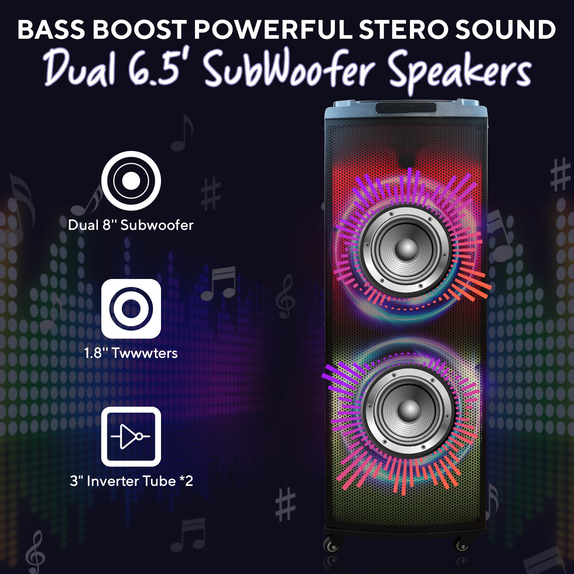 Ultimate Dual 12'' Portable Wireless LED Bluetooth Speaker w 2 Mics