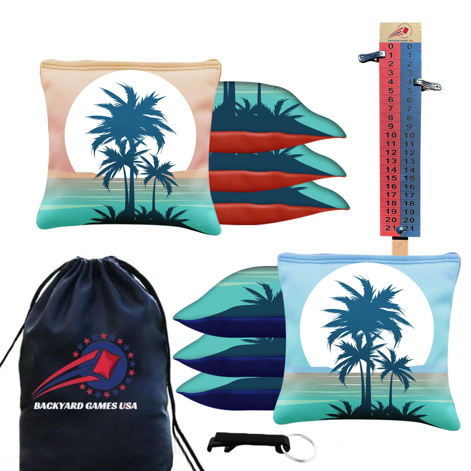 Palm Trees Sun Behind Cornhole Bags