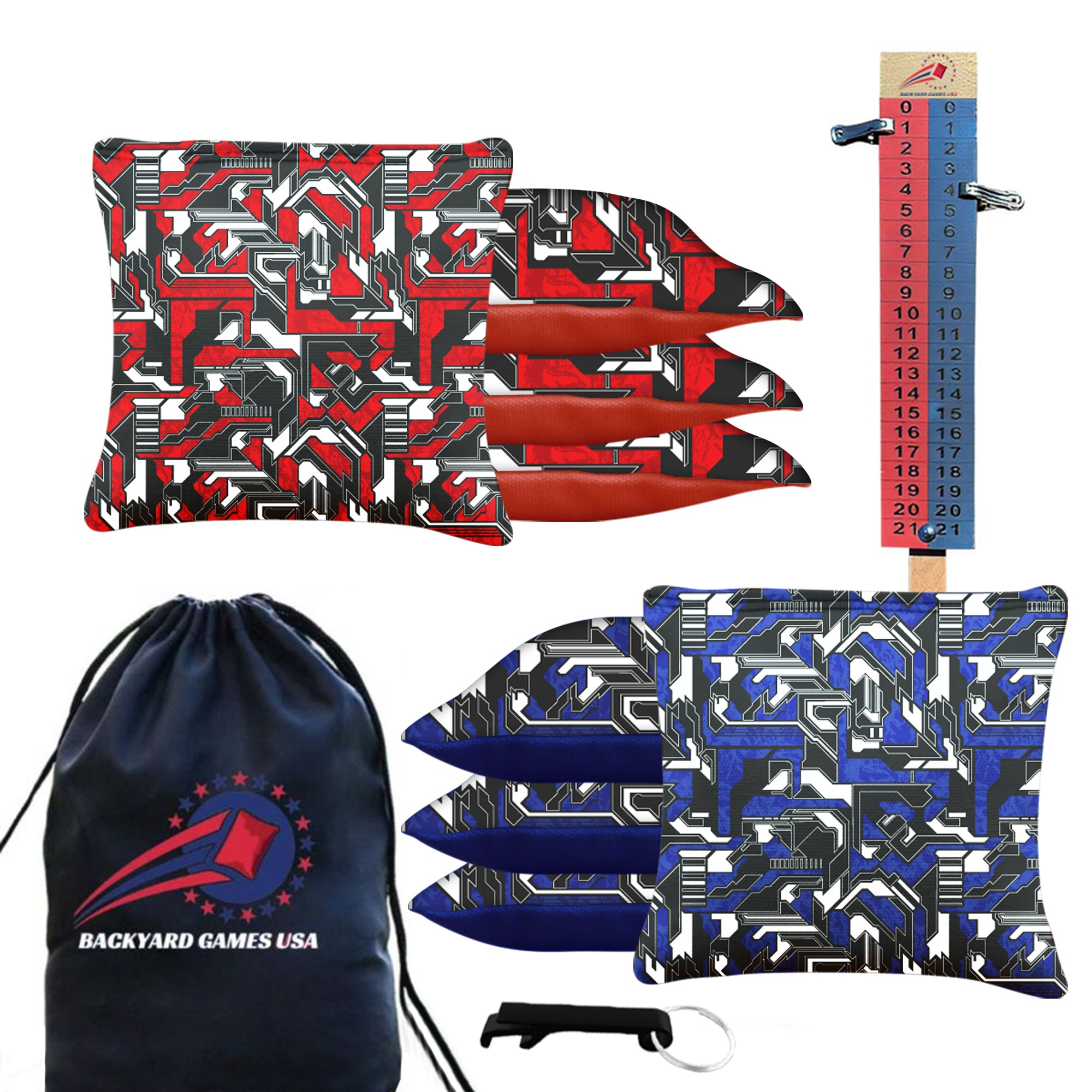 Blue Red Tech Fusion Cornhole Bags