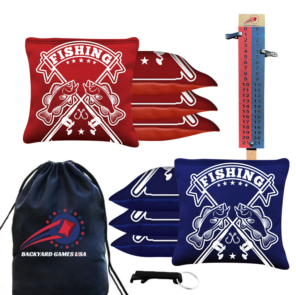 Red Blue Fish Logo Cornhole Bags - Set of 8