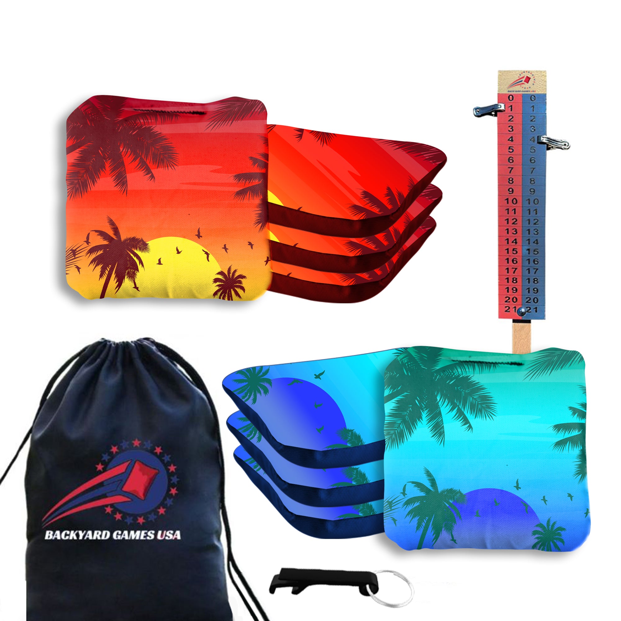 Red Blue Palm Sky Cornhole Bags - Set of 8