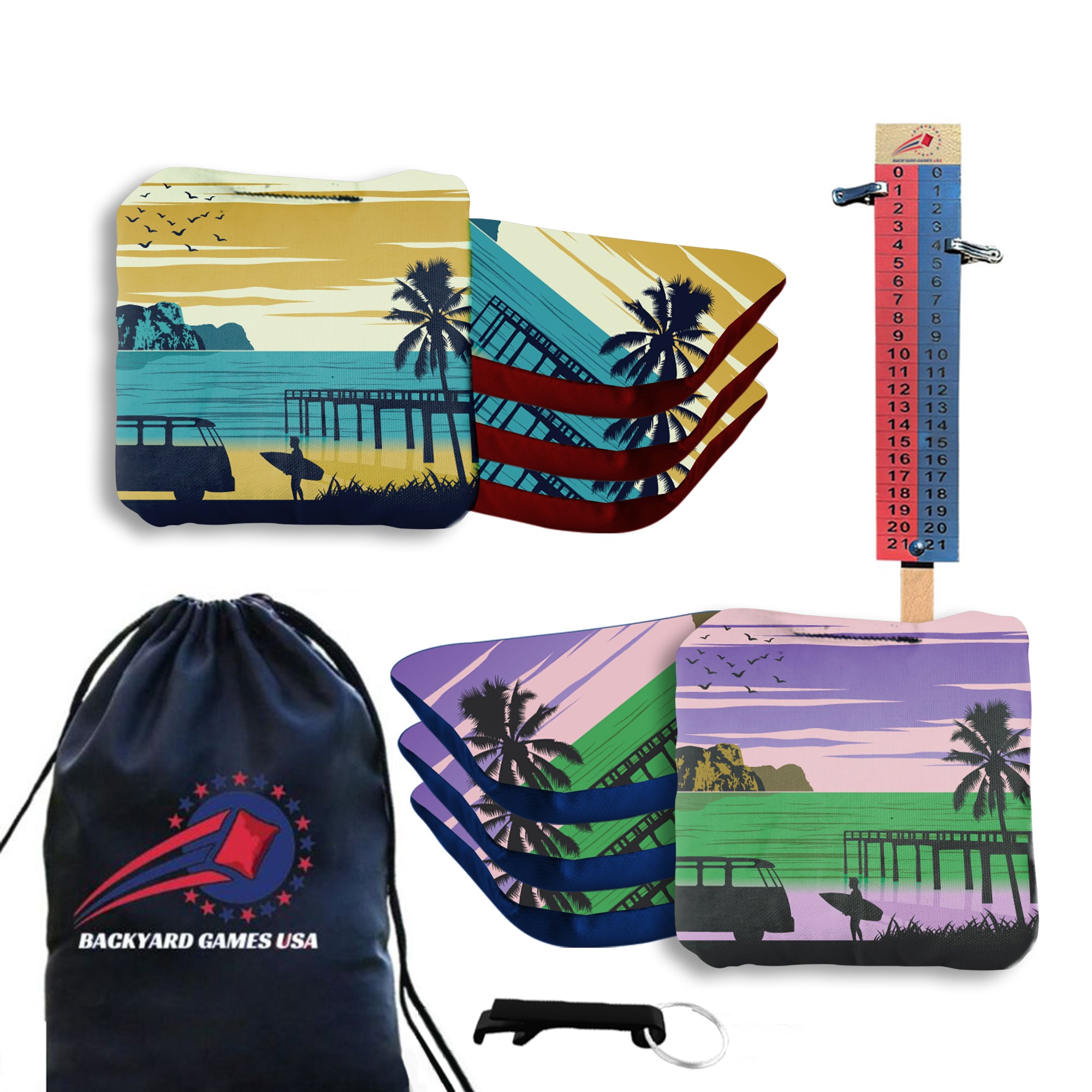 Green Blue Surfer Beach Cornhole Bags - Set of 8