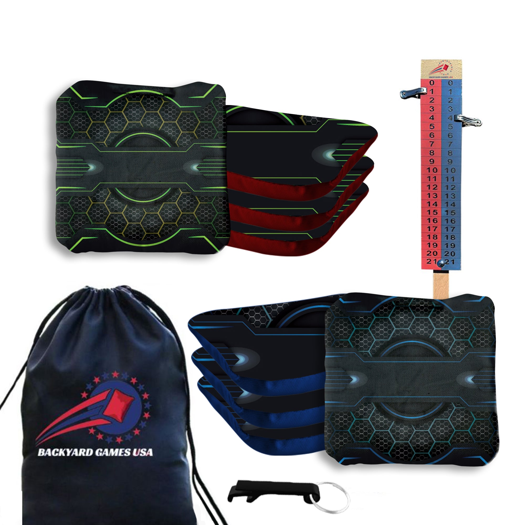 Blue Green Tech Cornhole Bags - Set of 8