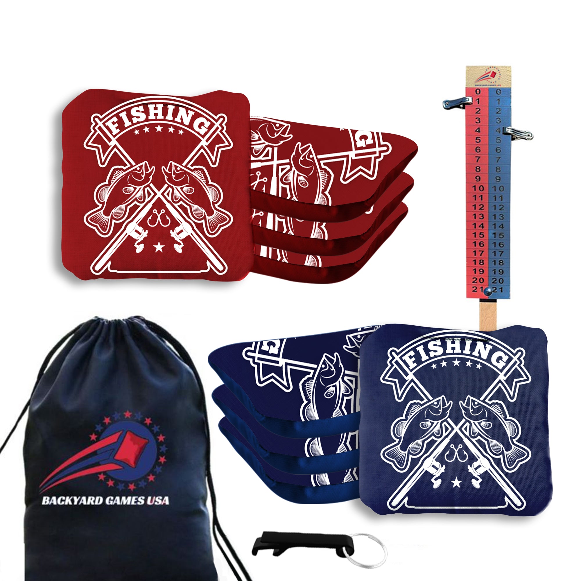 Red Blue Fish Logo Cornhole Bags - Set of 8