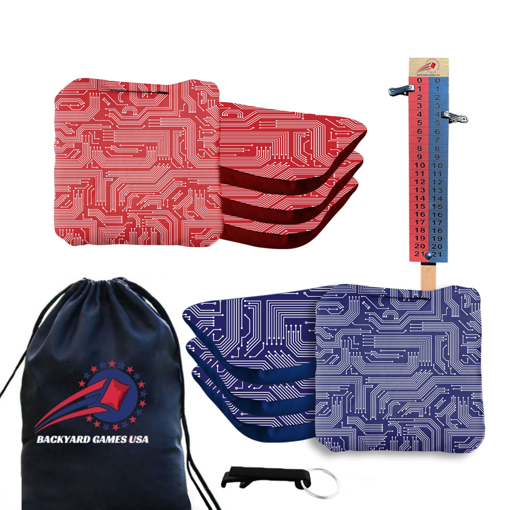 Red Blue Tech Cornhole Bags - Set of 8