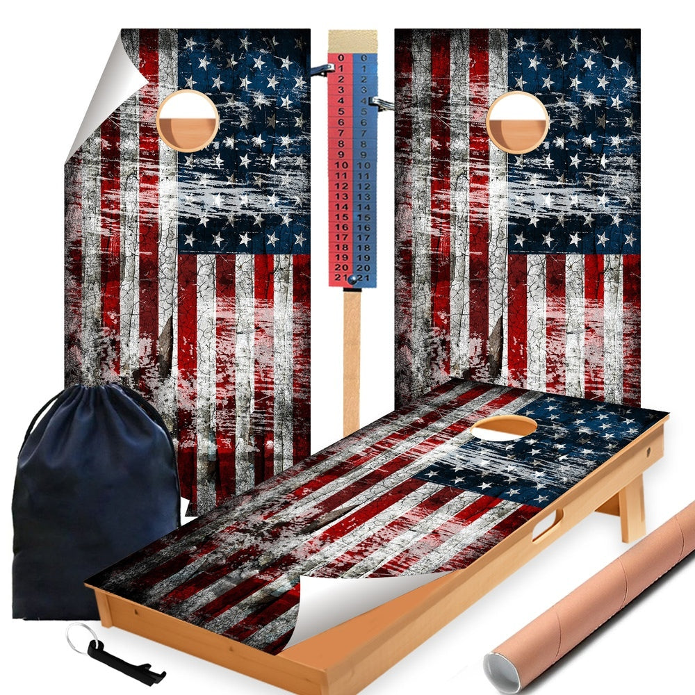 Rustic Flag Cornhole Boards Wraps (Set of 2)