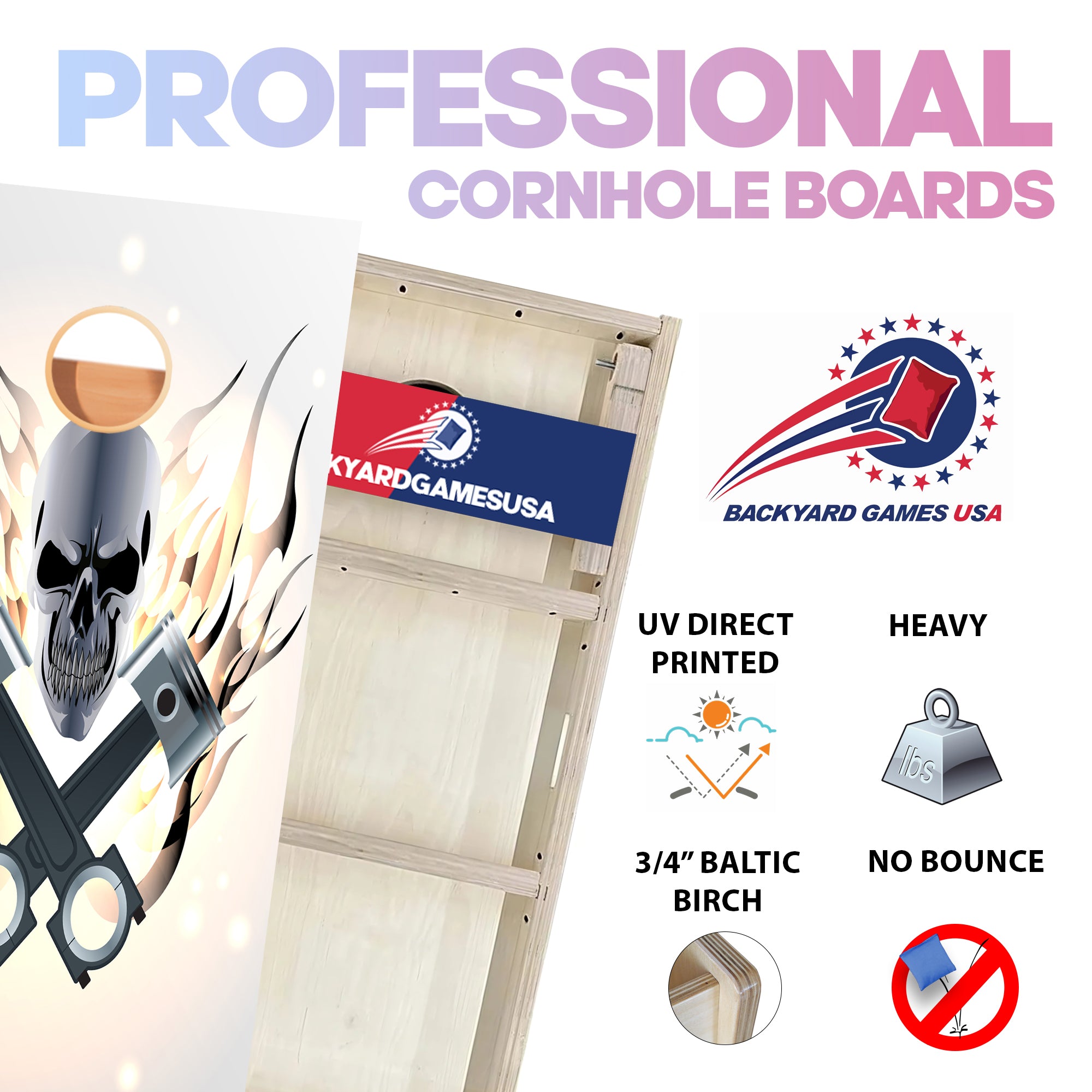 White Flame Skull Professional Cornhole Boards