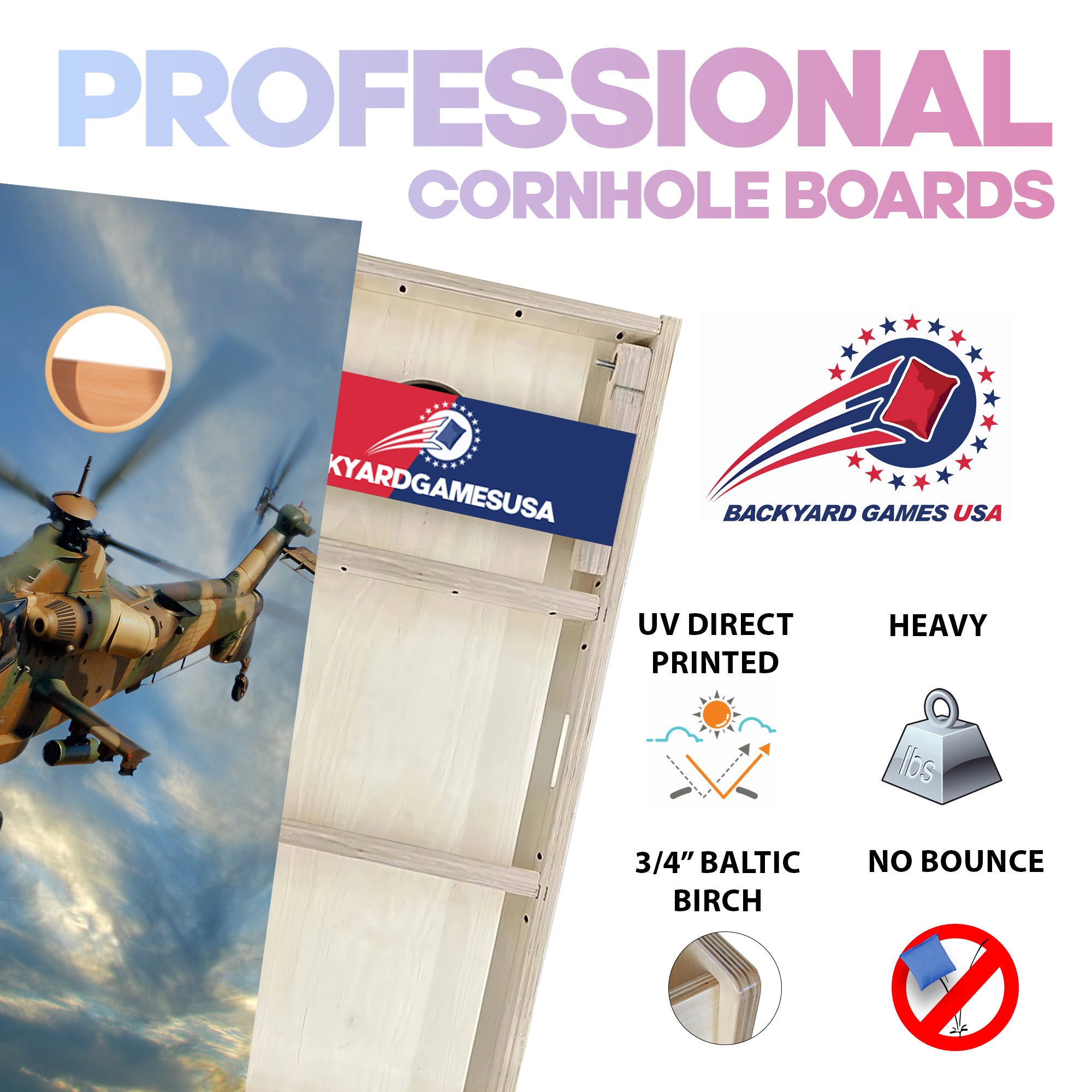 Camo Helicopter Professional Cornhole Boards