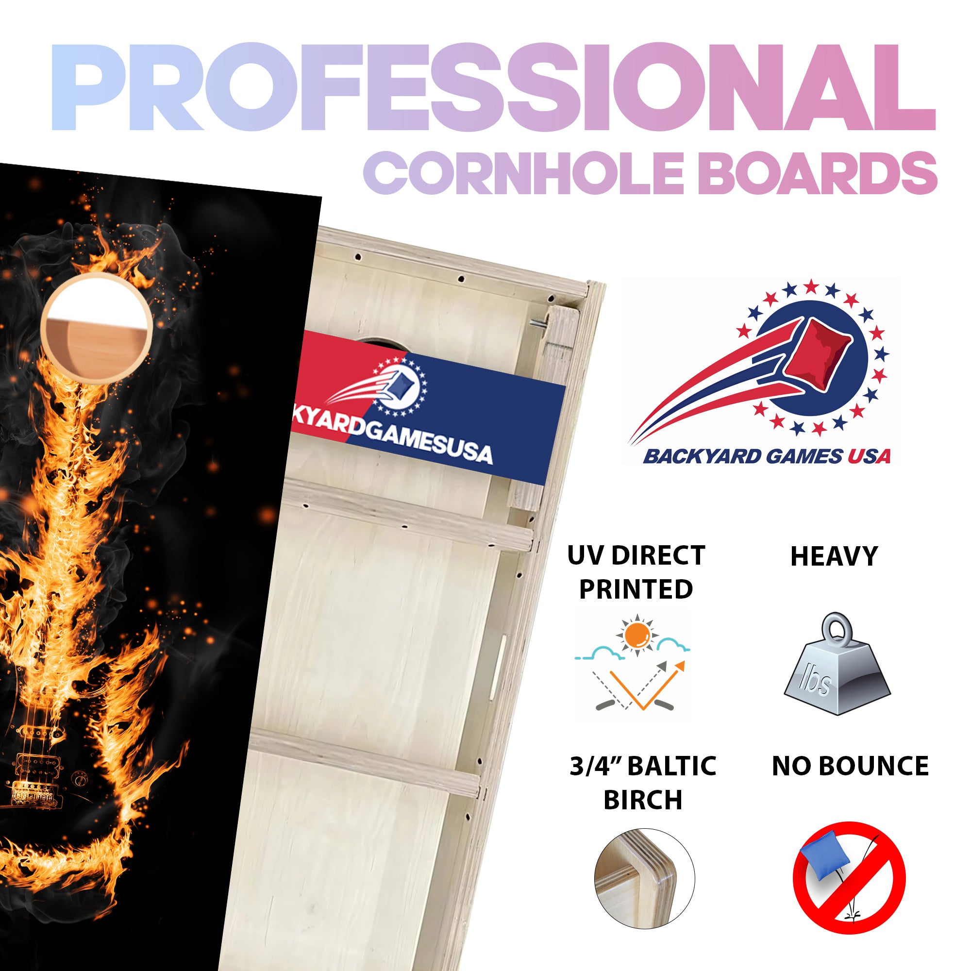 Black Guitar Fire Professional Cornhole Boards