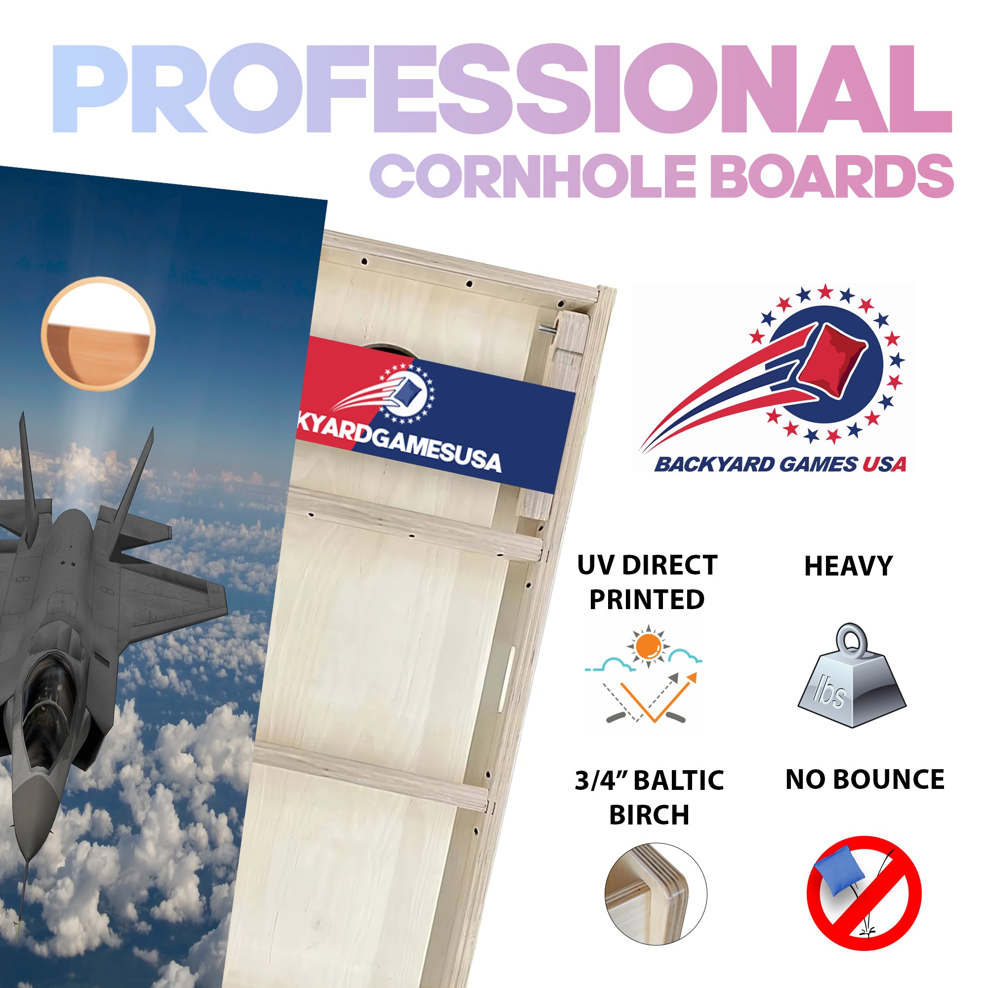 Front View Jet Professional Cornhole Boards
