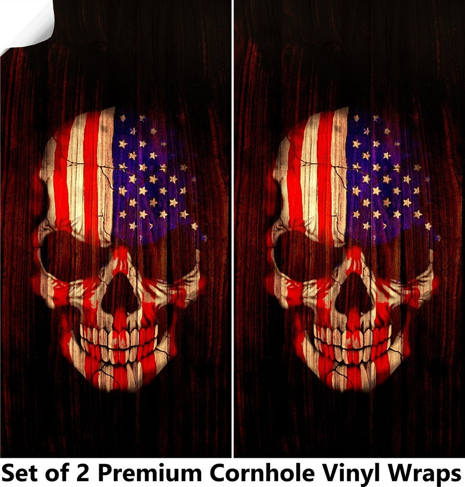 Wood American Skull Cornhole Boards Wraps (Set of 2)