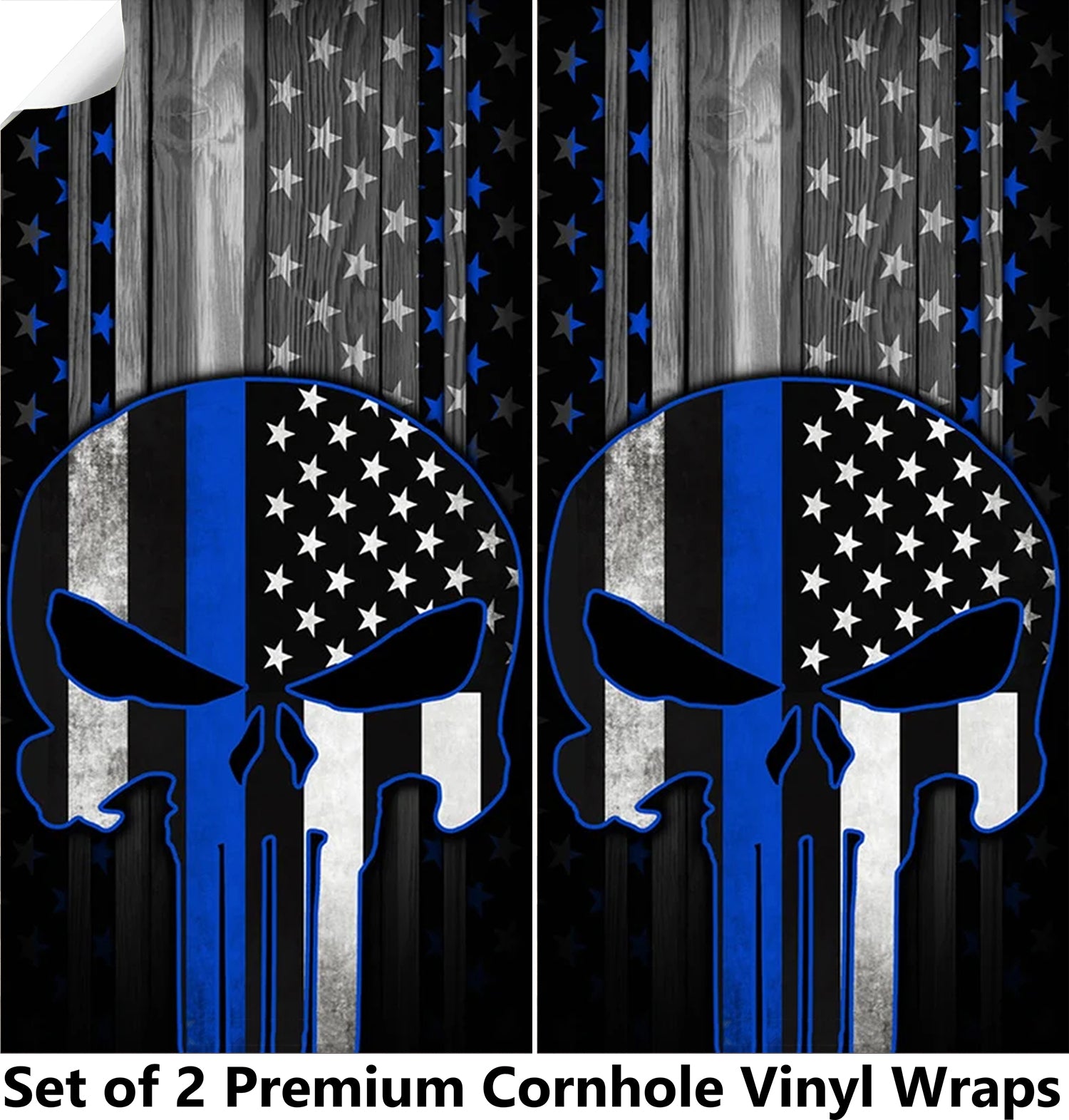 Blue Lines Skull Cornhole Boards Wraps (Set of 2)