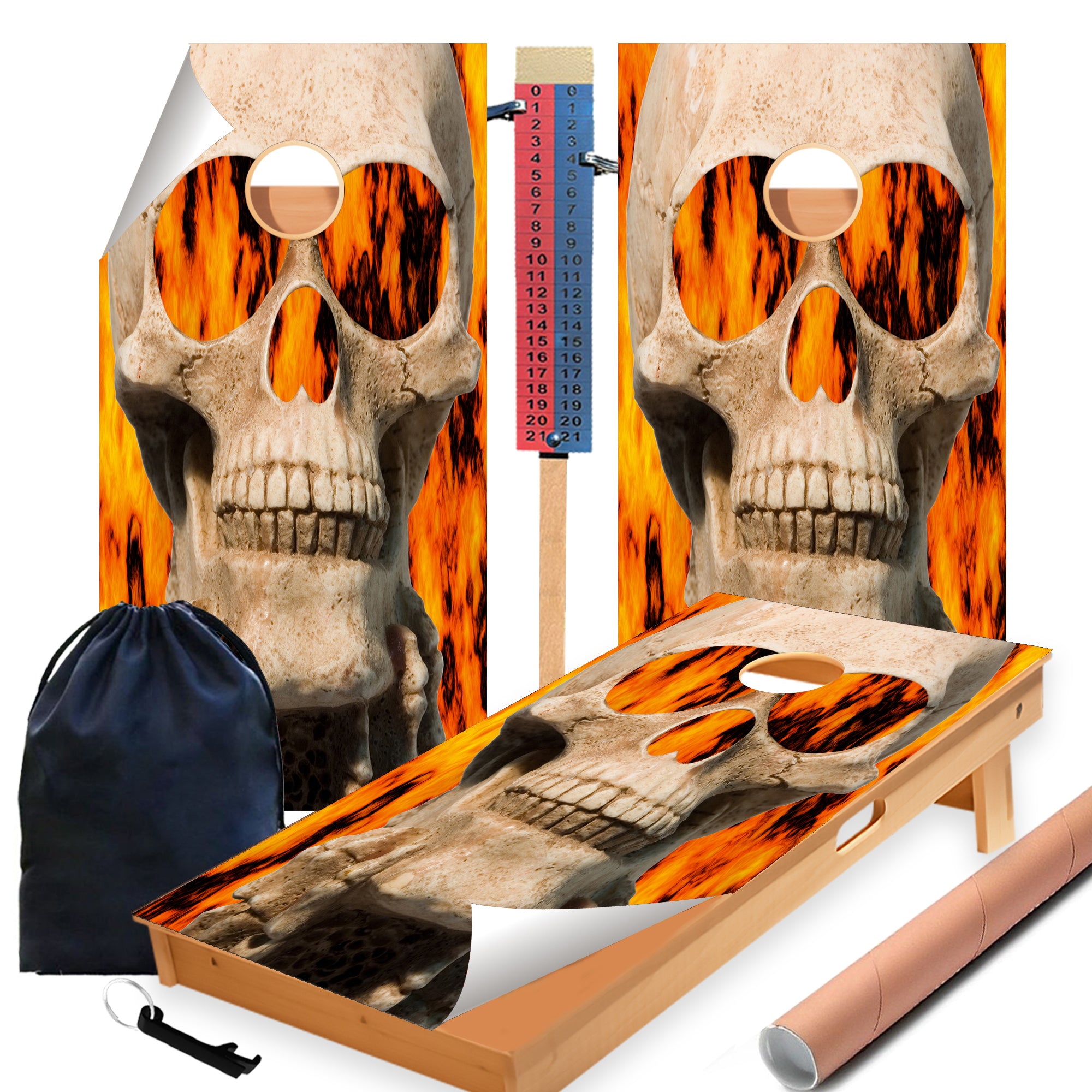 Flaming Skull Cornhole Boards Wraps (Set of 2)