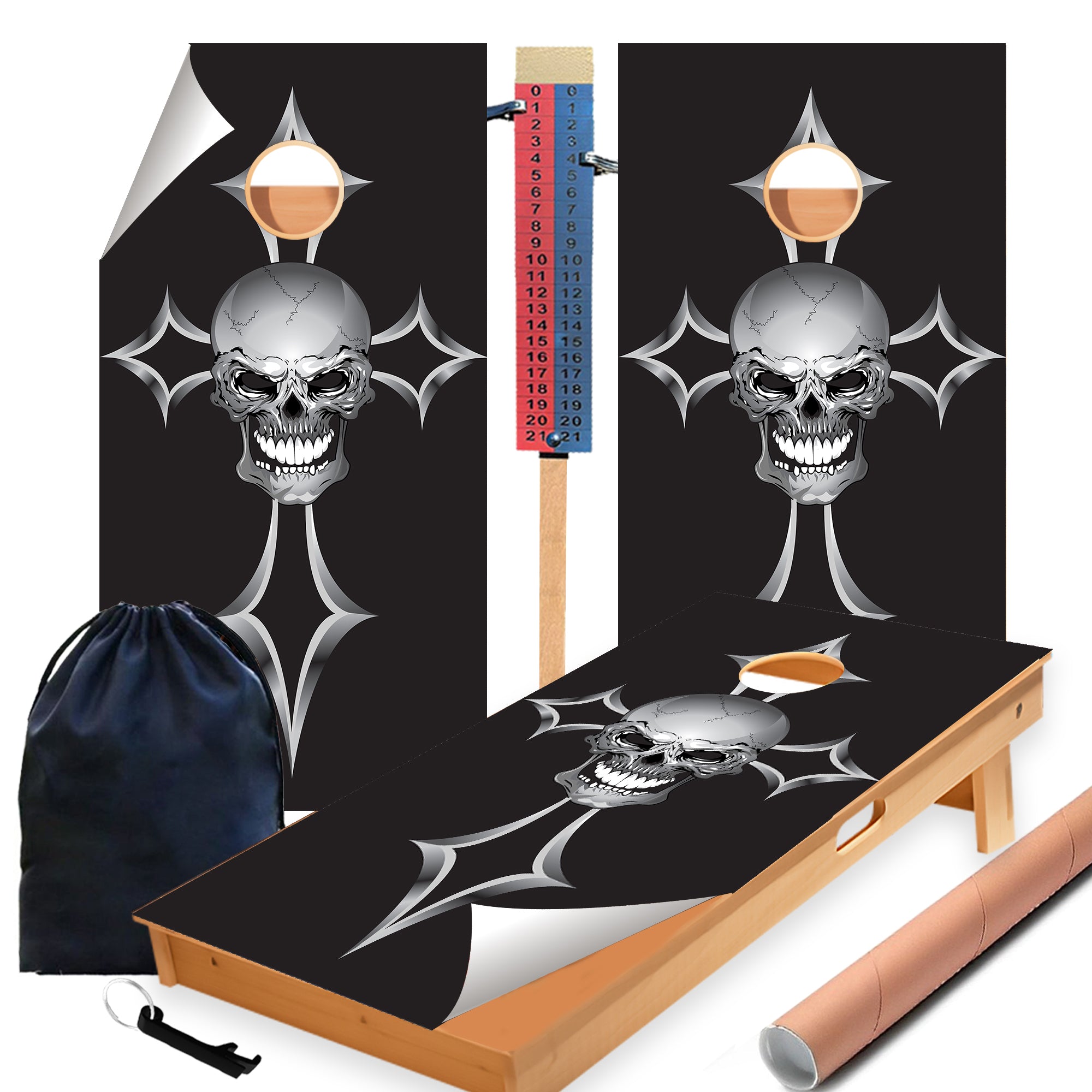 Black Cross Skull Cornhole Boards Wraps (Set of 2)