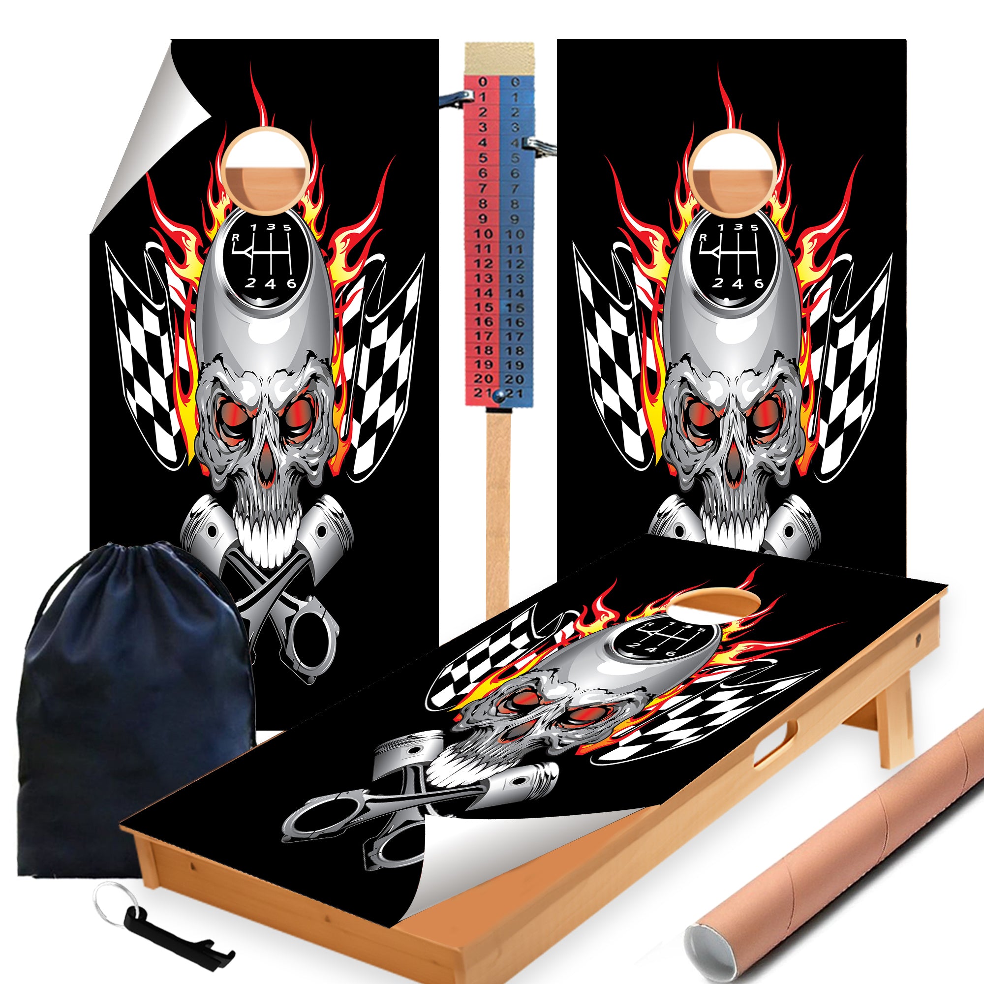 Racing Skull Cornhole Boards Wraps (Set of 2)