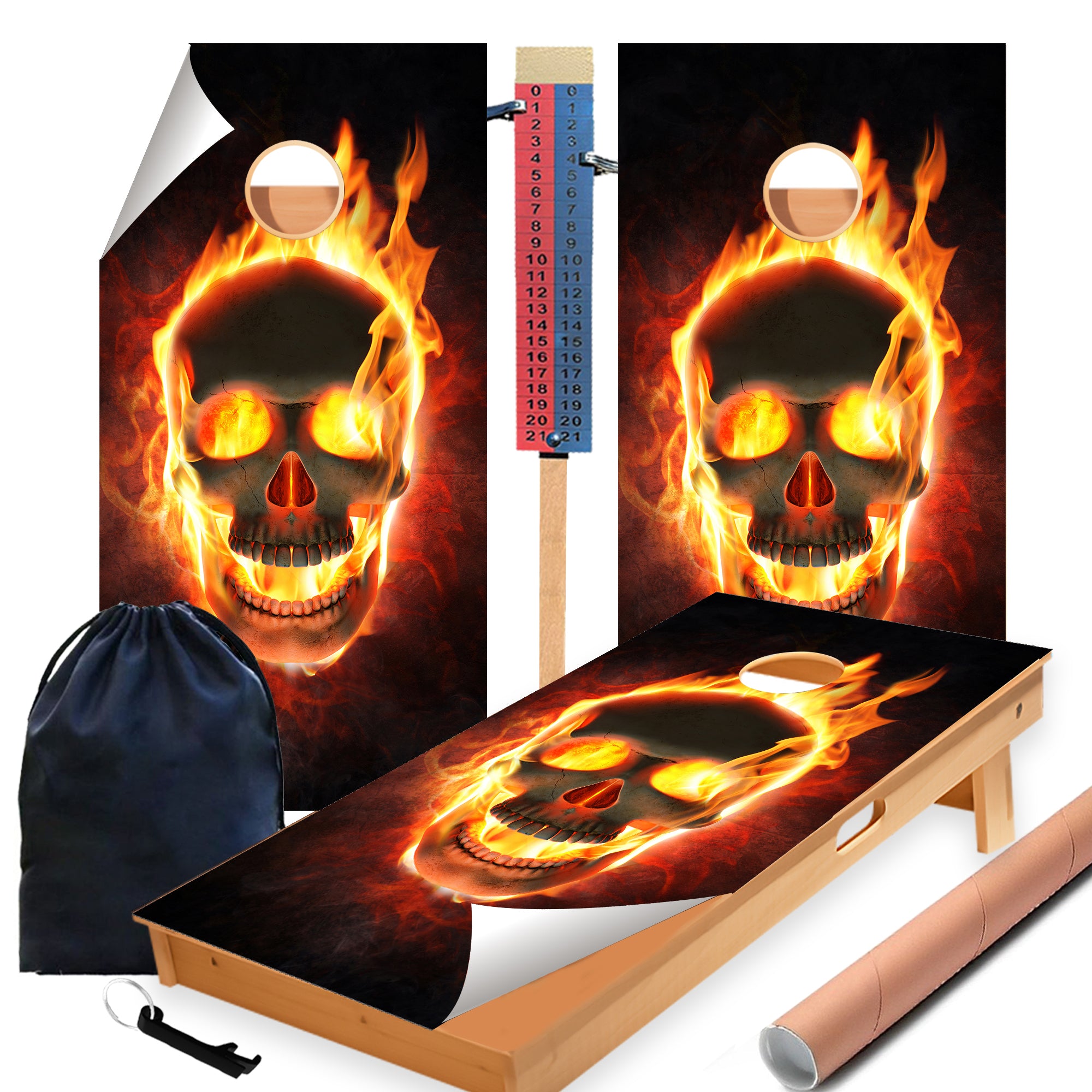 Fire Red Skull Cornhole Boards Wraps (Set of 2)