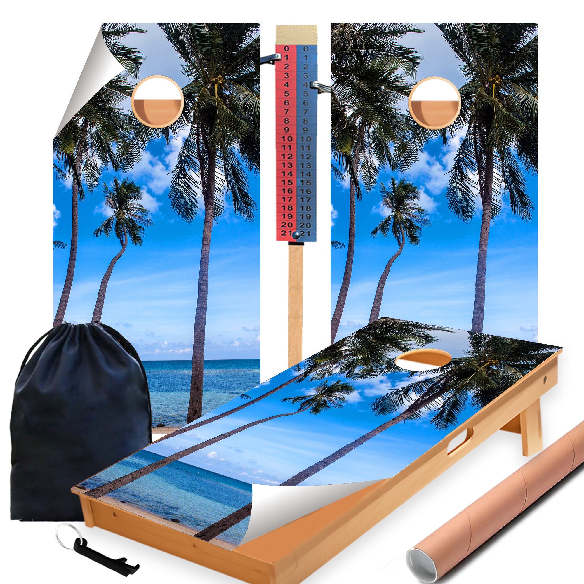Palm Trees Ocean Cornhole Boards Wraps (Set of 2)