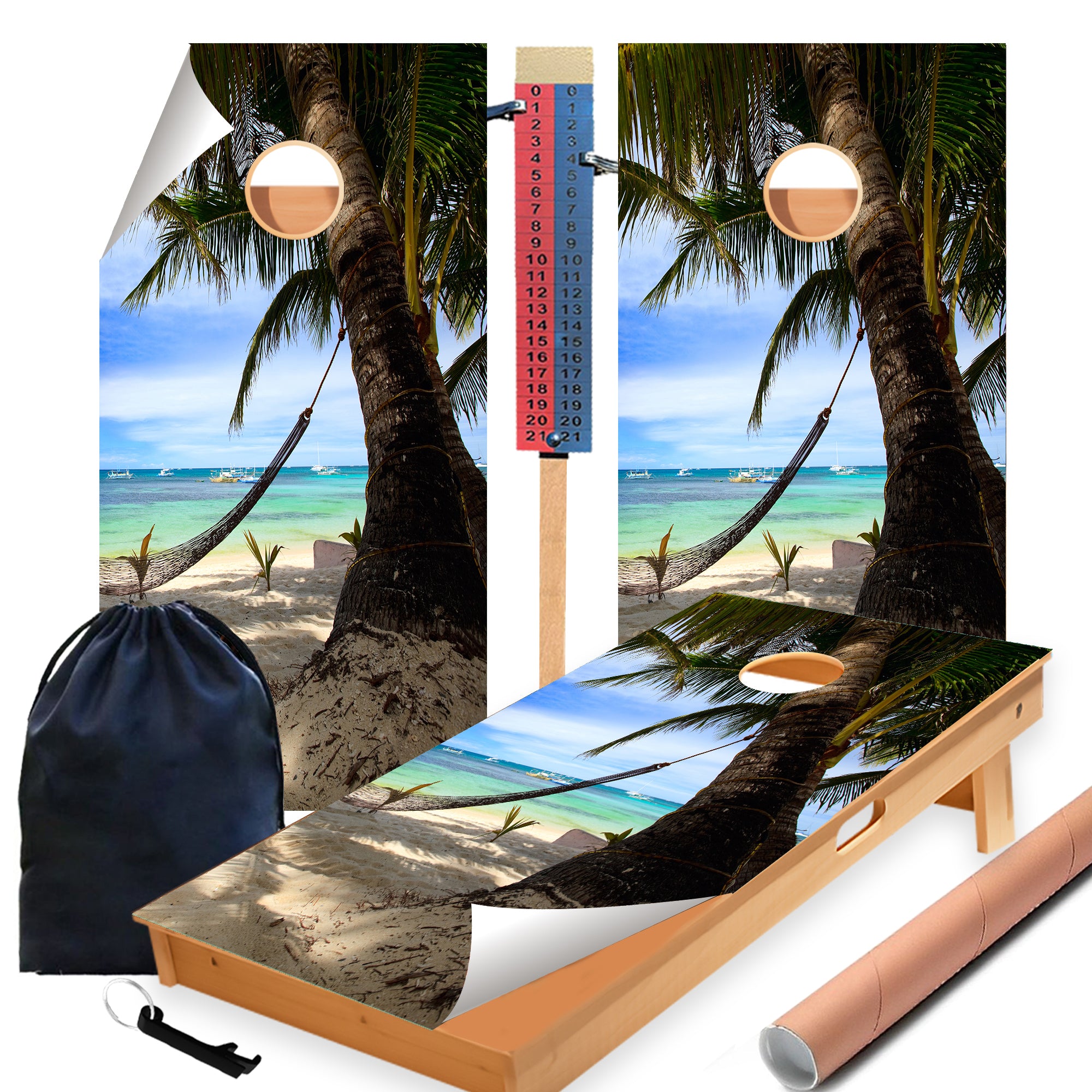 Palm Tree on Beach-1 Cornhole Boards Wraps (Set of 2)