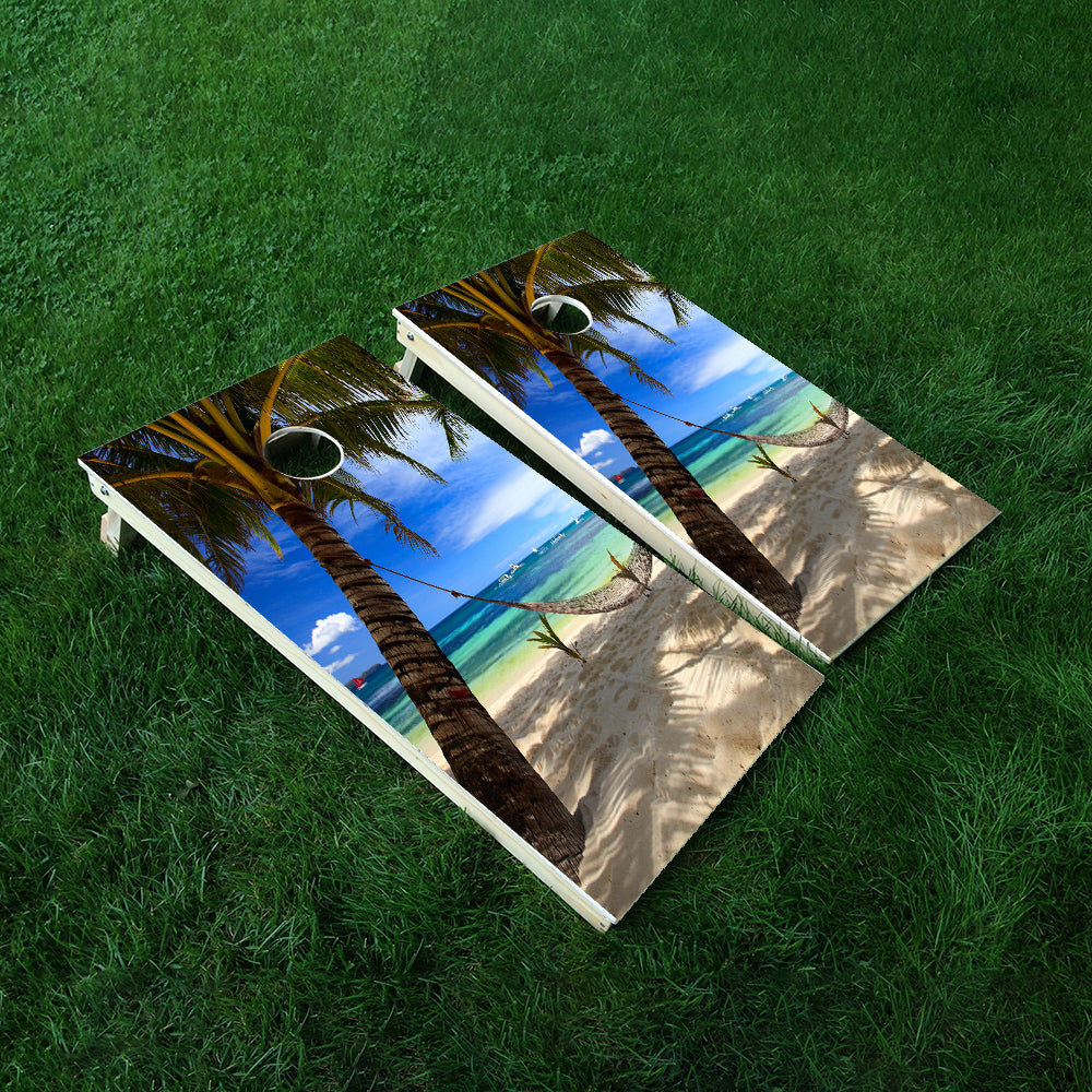 Palm Tree on Beach-2 Cornhole Boards Wraps (Set of 2)