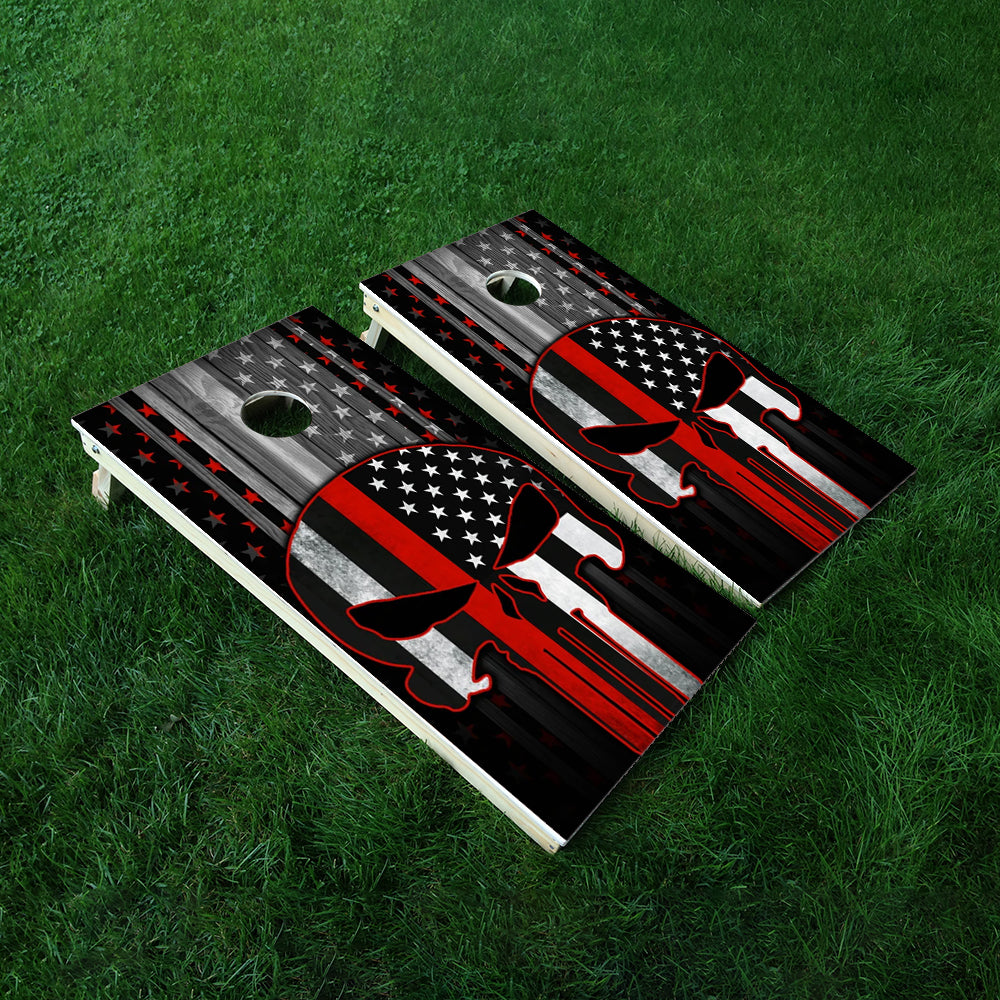 Red Lines Skull Cornhole Boards Wraps (Set of 2)