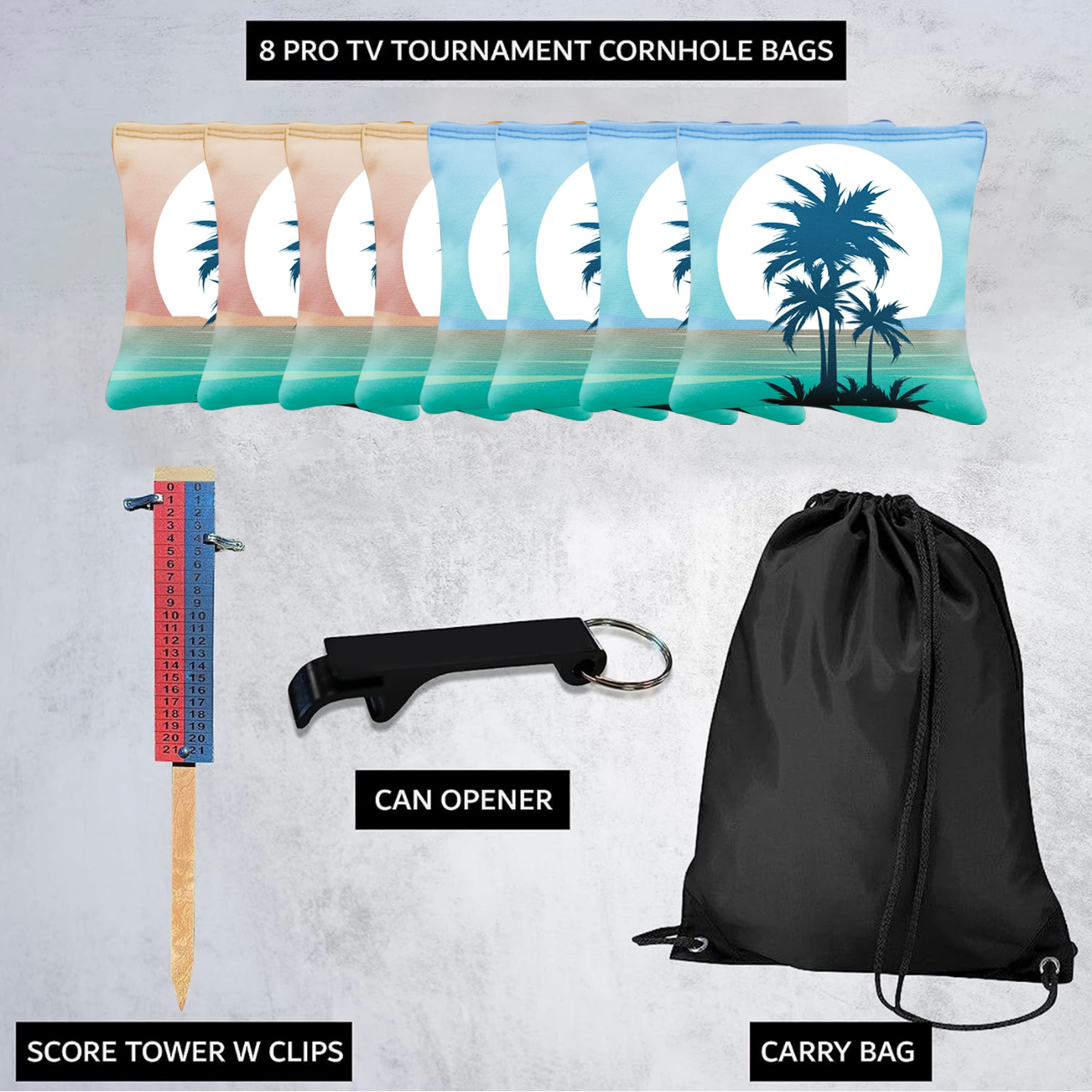 Palm Trees Sun Behind Cornhole Bags