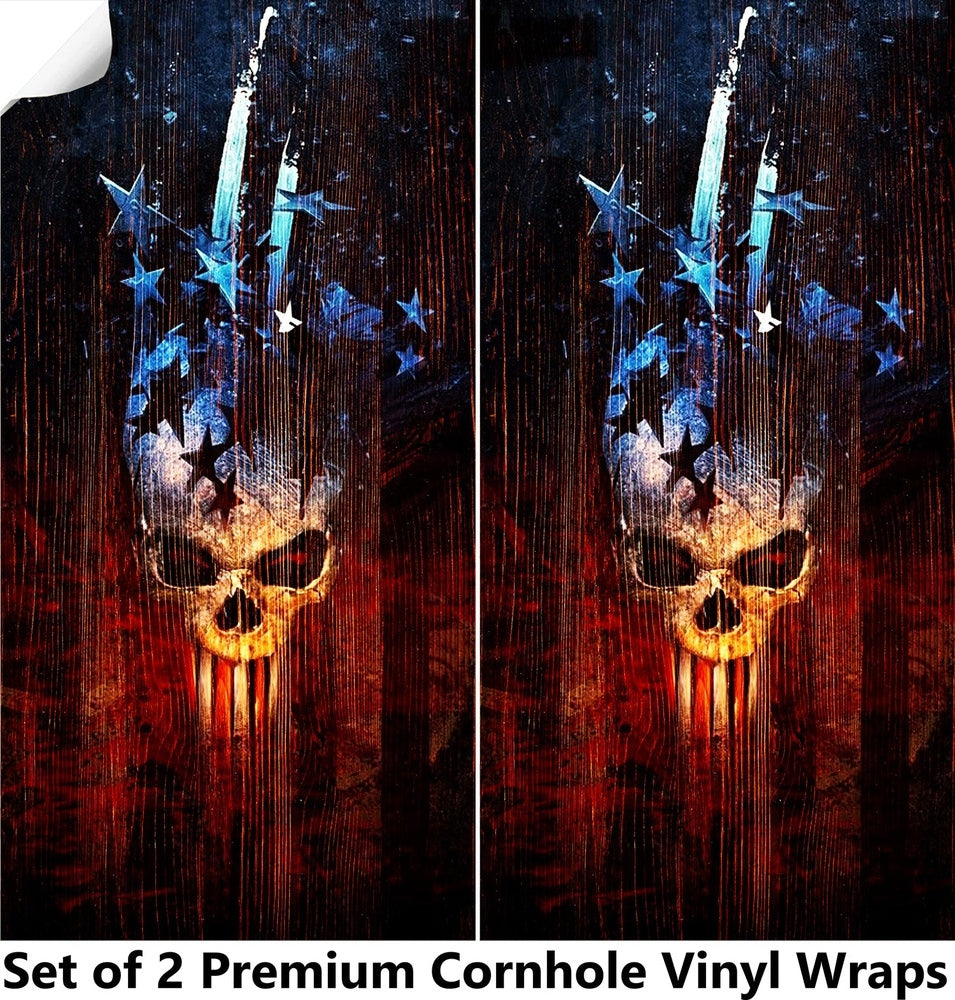 Engrave American Wood Skull Cornhole Boards Wraps (Set of 2)