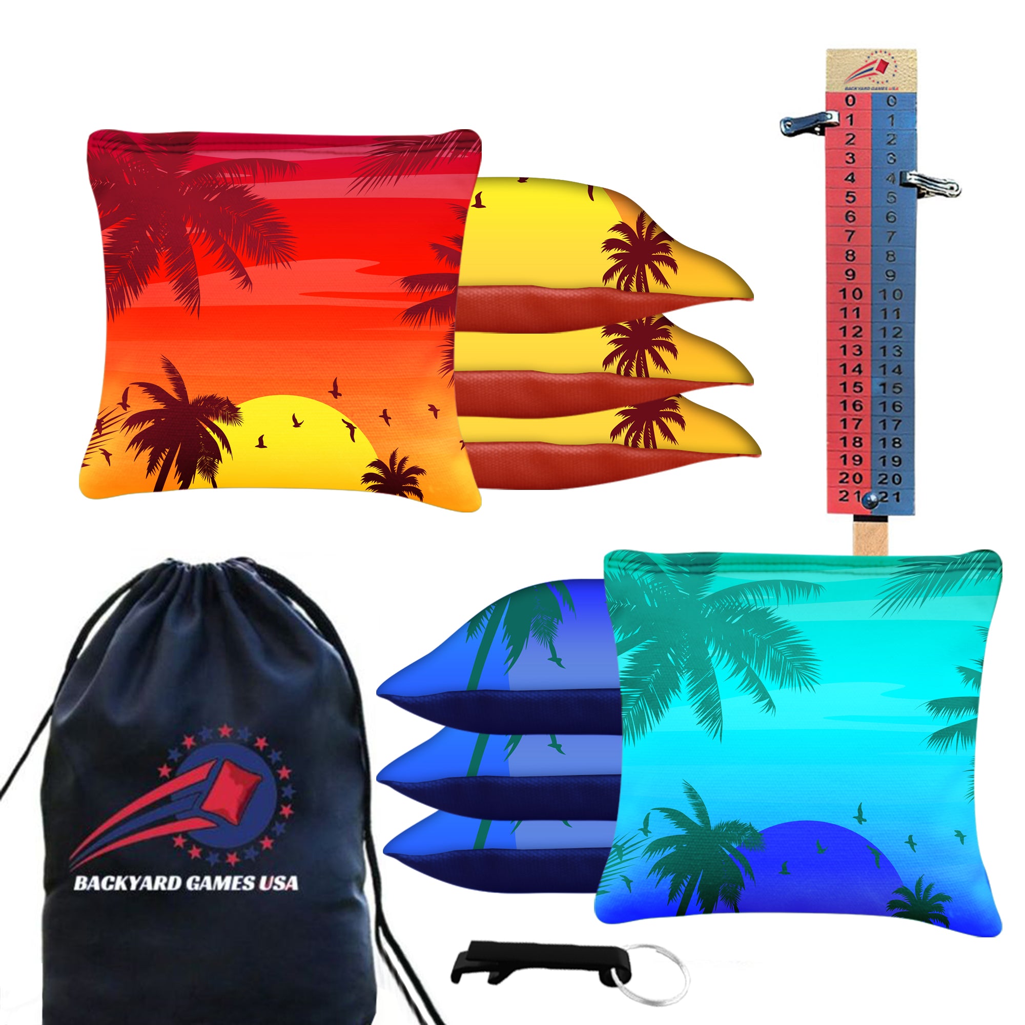 Red Blue Palm Sky Cornhole Bags BackYardGamesUSA
