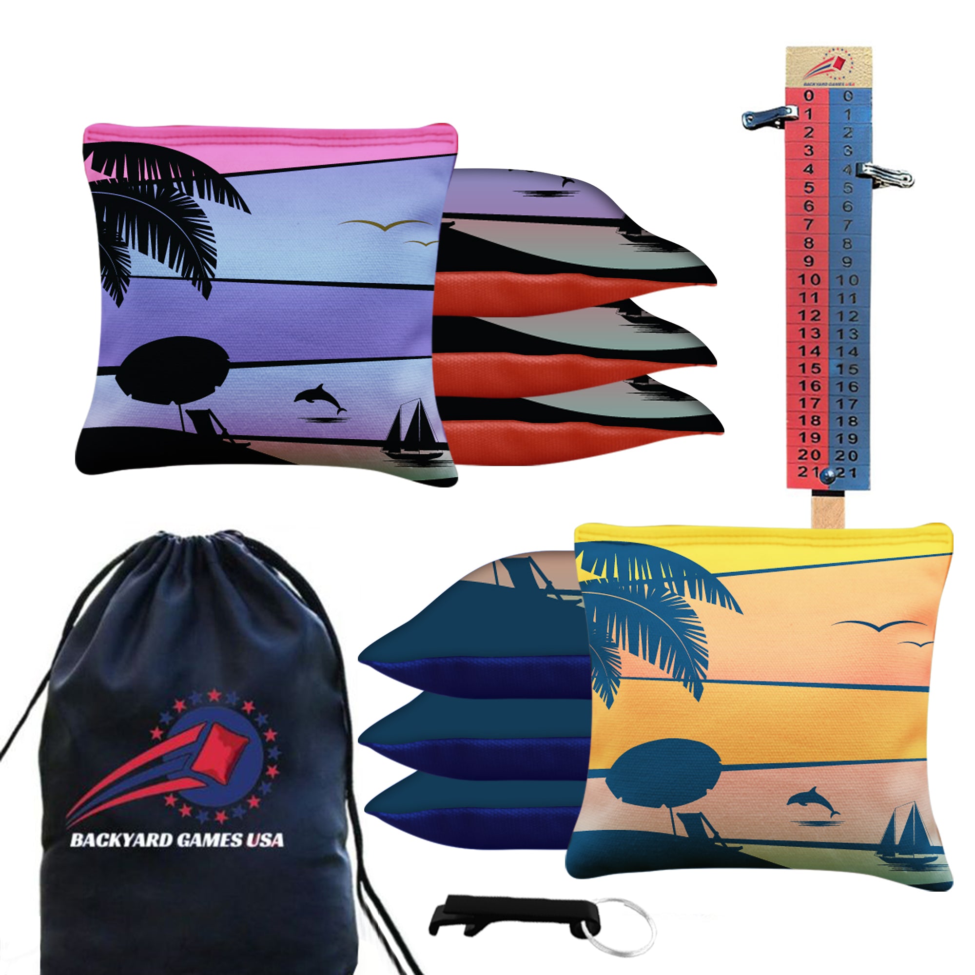 Orange Purple Dolphin Beach Cornhole Bags