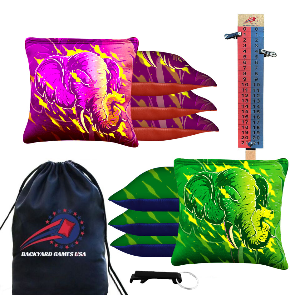 Purple Green Elephant Cornhole Bags BackYardGamesUSA