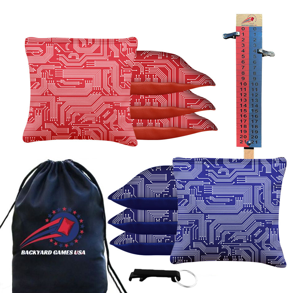 Red Blue Tech Cornhole Bags - Set of 8