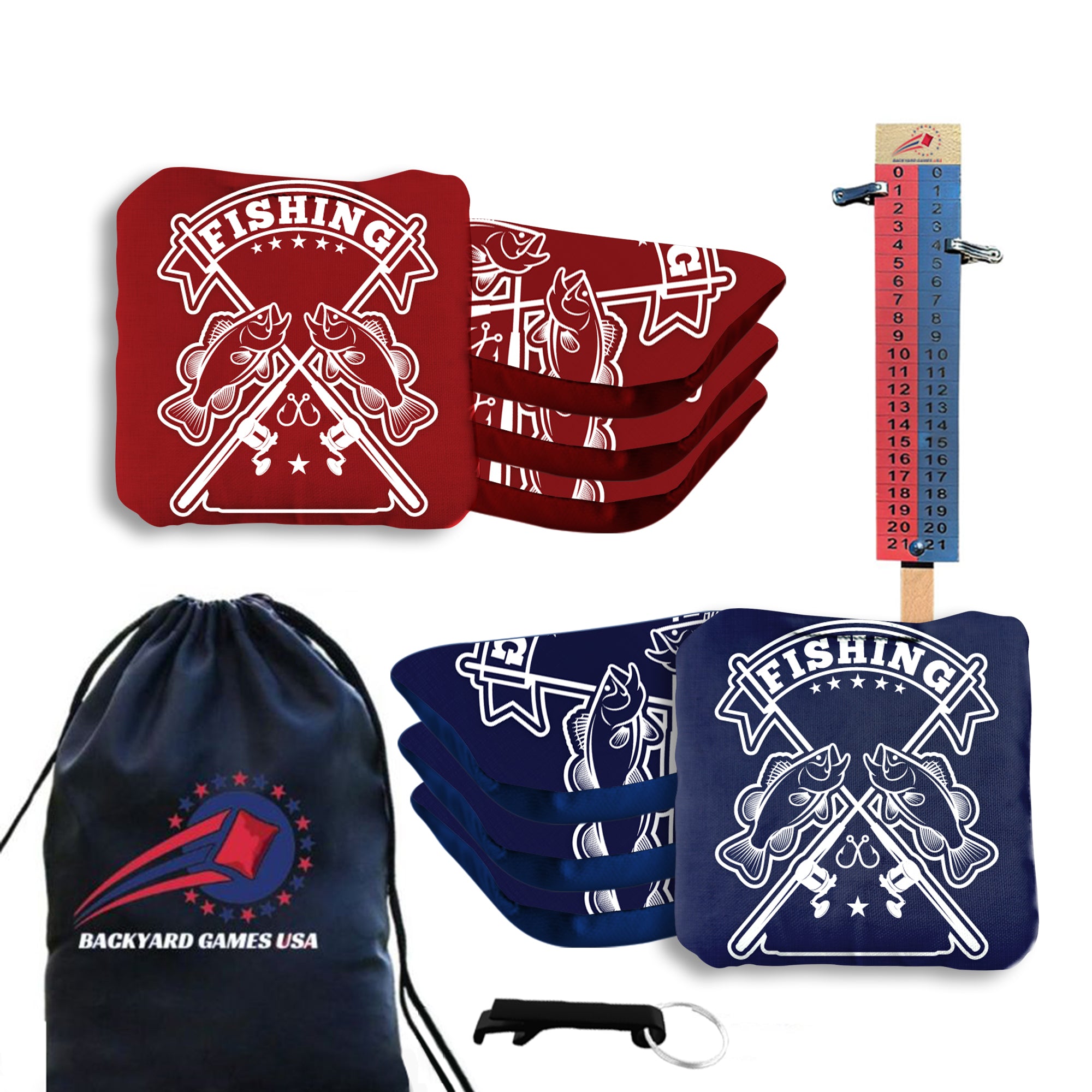Red Blue Fish Logo Cornhole Bags Set of 8 BackYardGamesUSA