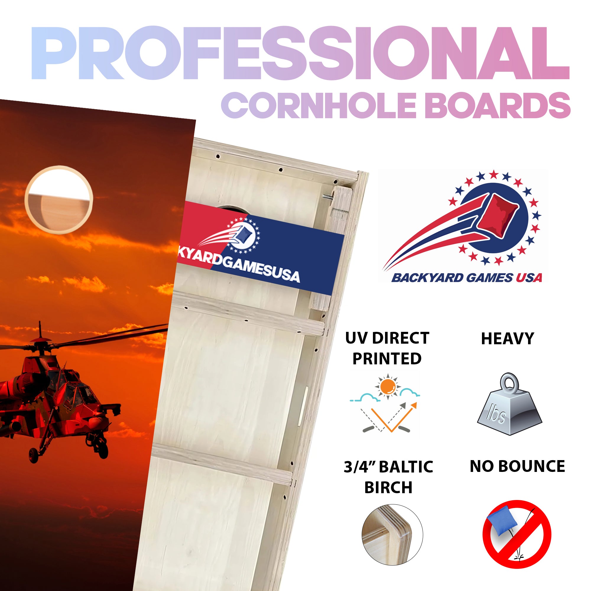 Camo Helicopter Professional Cornhole Boards